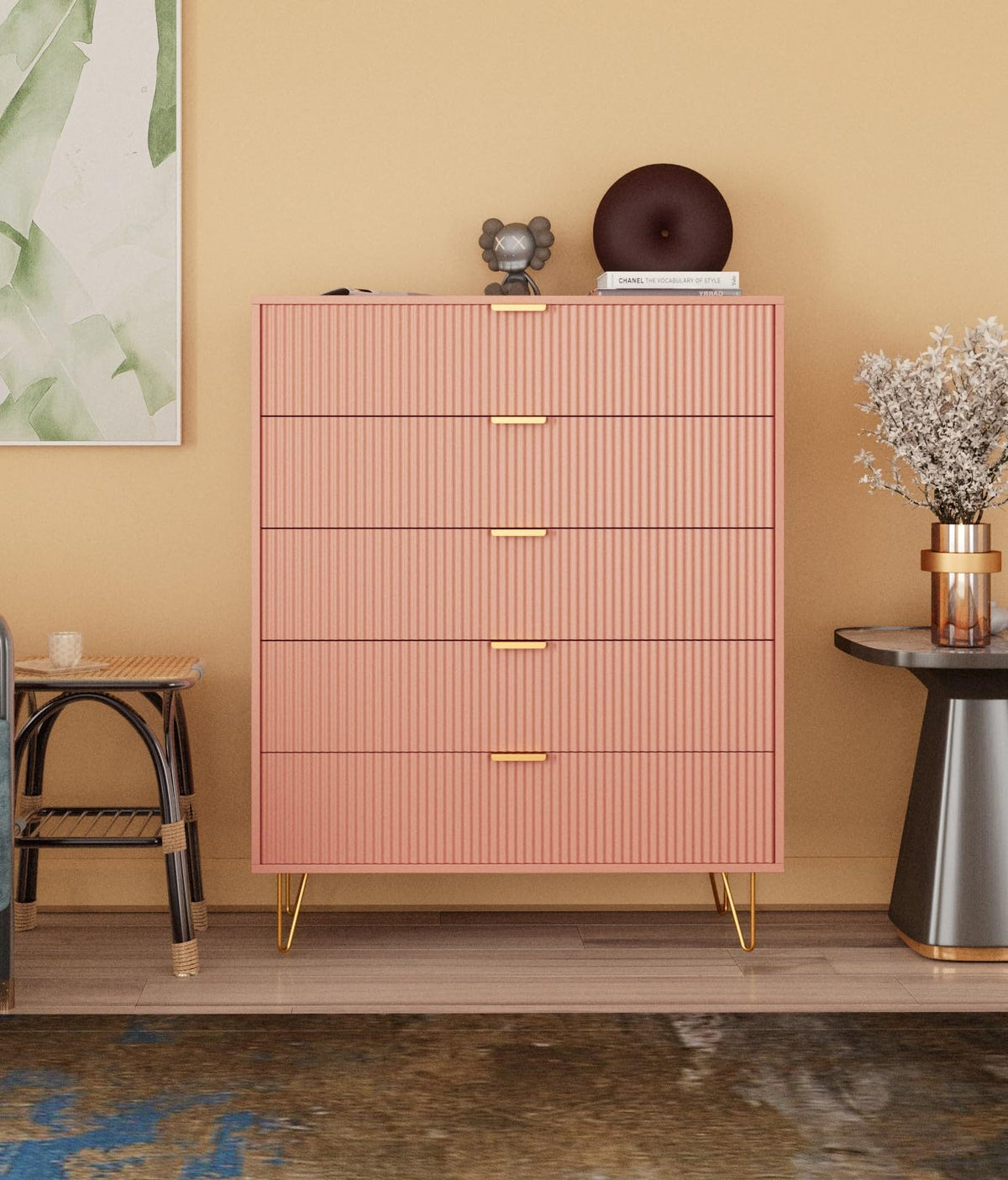 5-Drawer Chest in MDF Wood with Gold Metal Legs and Handles (Pink)