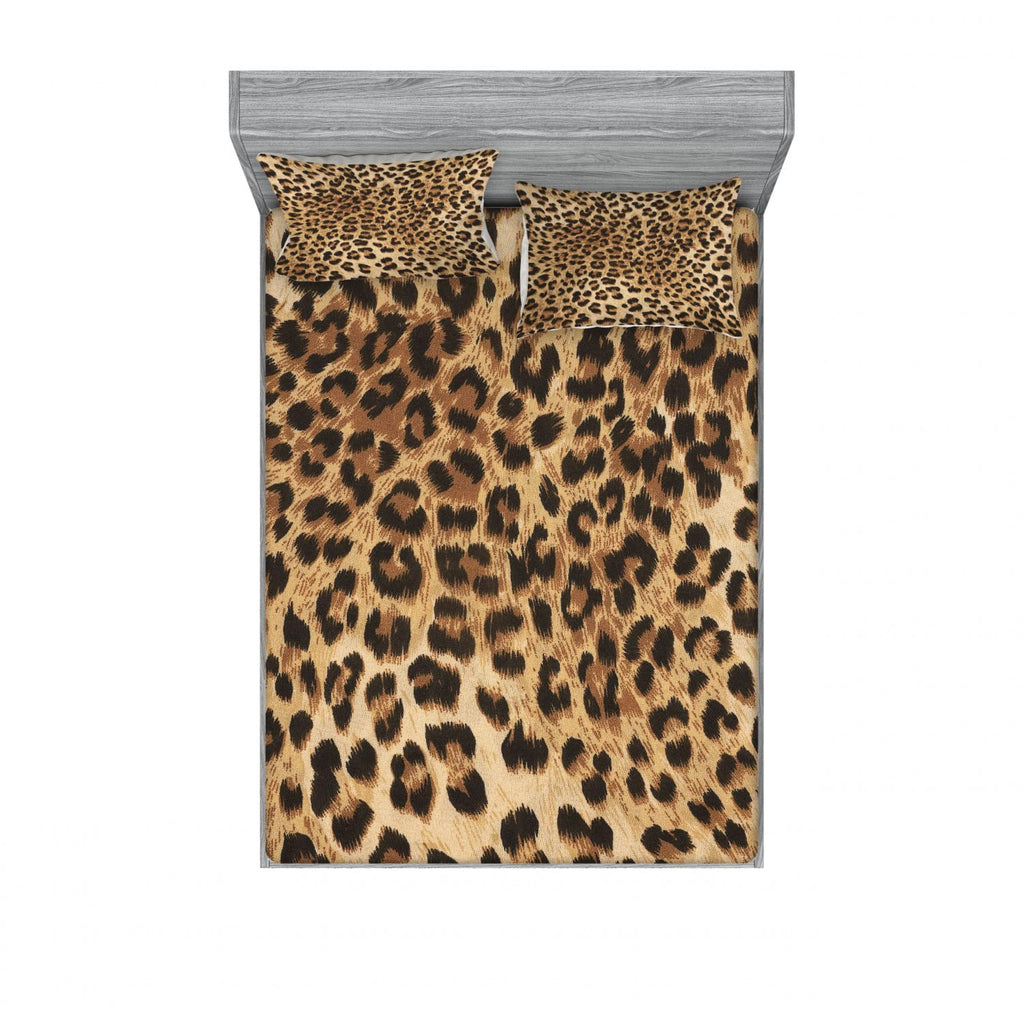 Ambesonne Leopard Print Fitted Sheet & Pillow Sham Set, Skin Pattern of a Wild Savannah Animal Powerful Panther Big Cat, Decorat