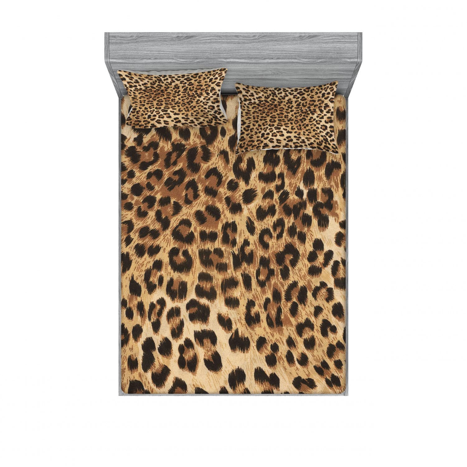 Ambesonne Leopard Print Fitted Sheet & Pillow Sham Set, Skin Pattern of a Wild Savannah Animal Powerful Panther Big Cat, Decorat