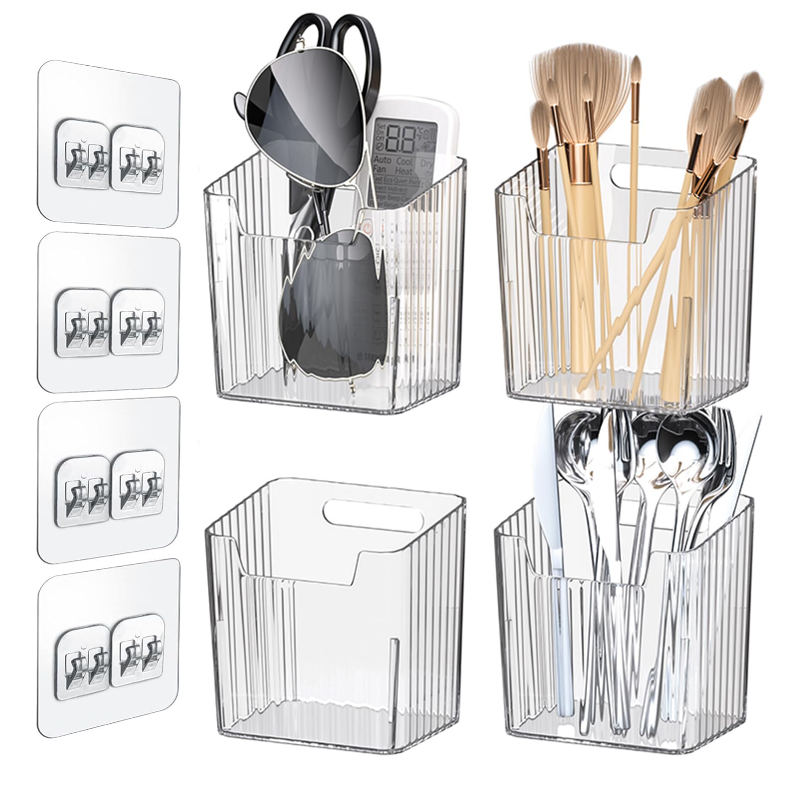4 Pack Wall Organizers and Storage - Clear Acrylic Cabinet Door Organizer Bins, Adhesive Remote Control Holder, Space-Saving Sta