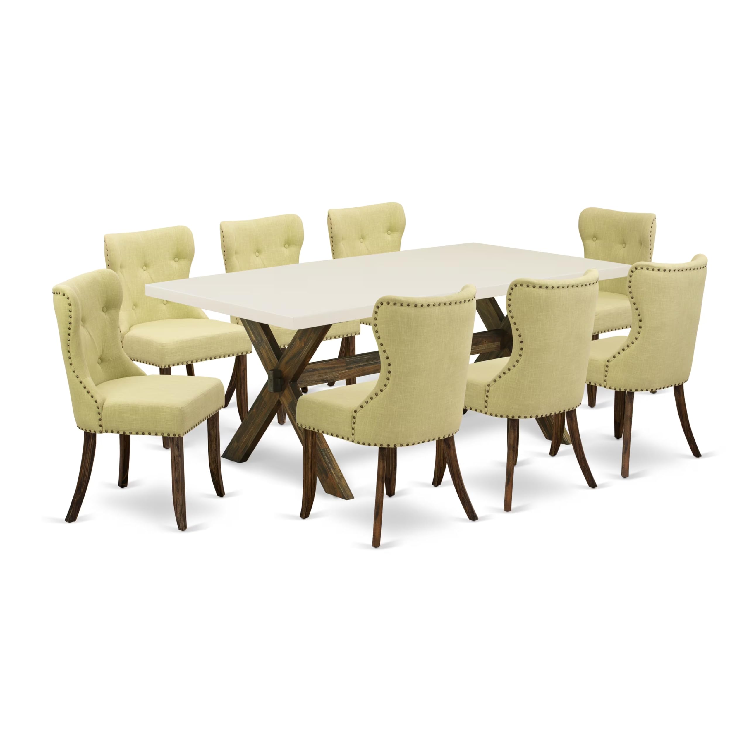 East West Furniture X727Si737-9 9 Piece Dining Room Furniture Set Includes A Rectangle Dining Table With X-Legs And 8 Limelight Linen Fabric Upholstered Chairs, 40X72 Inch, Multi-Color