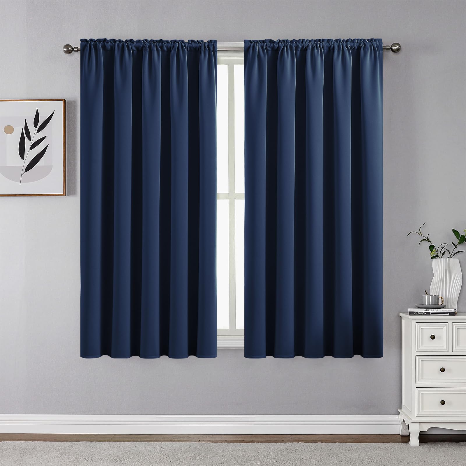 CUCRAF Navy Blue Blackout Curtains 45 inch Length 2 Panels Set, Rod Pocket Room Darkening Drapes for Bedroom Living Room, Insula