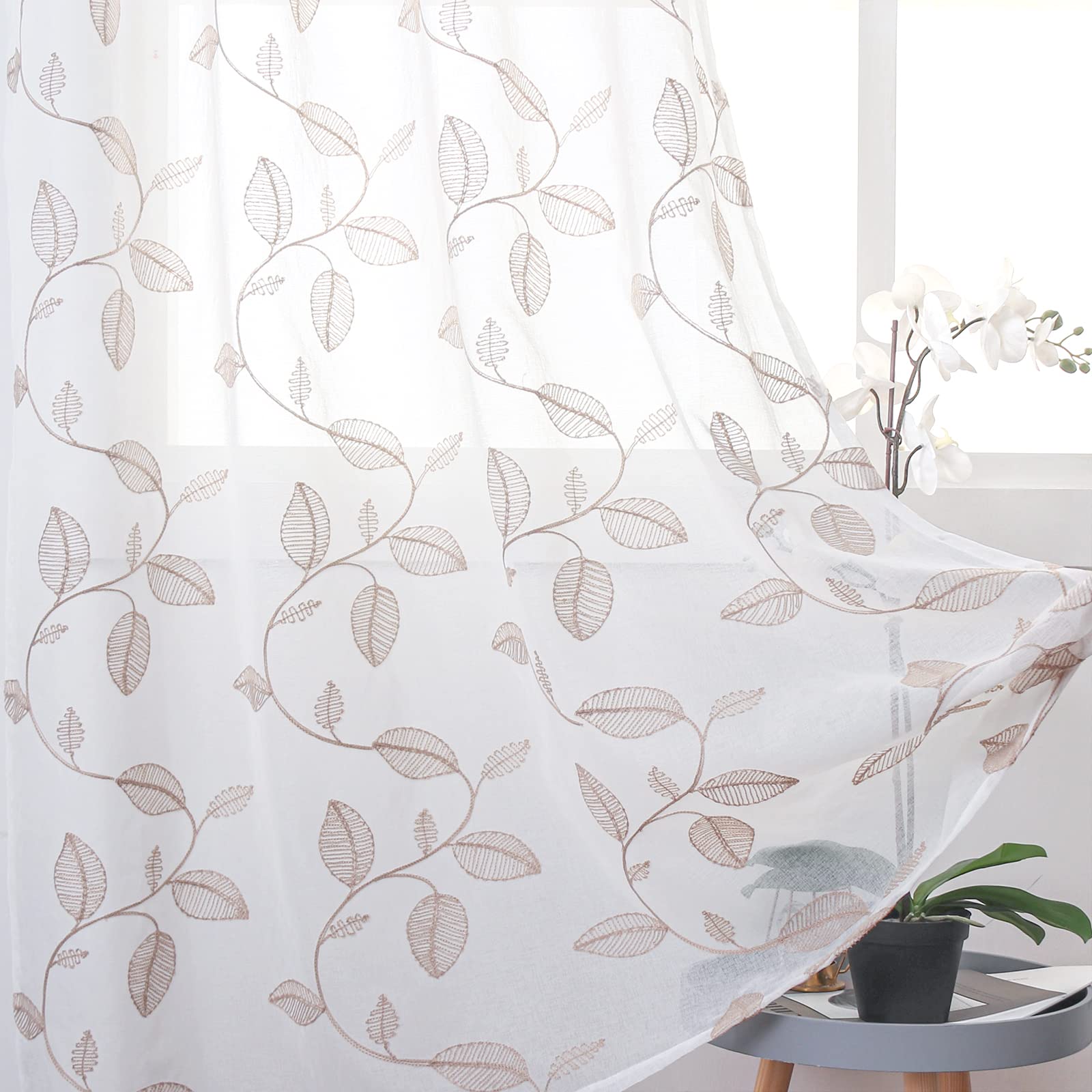Bgment Sheer Curtains 63 Inches Length, Faux Linen Embroidered Brown Leaf Pattern Semi Sheer Voile Drapes Light Filtering Gromme