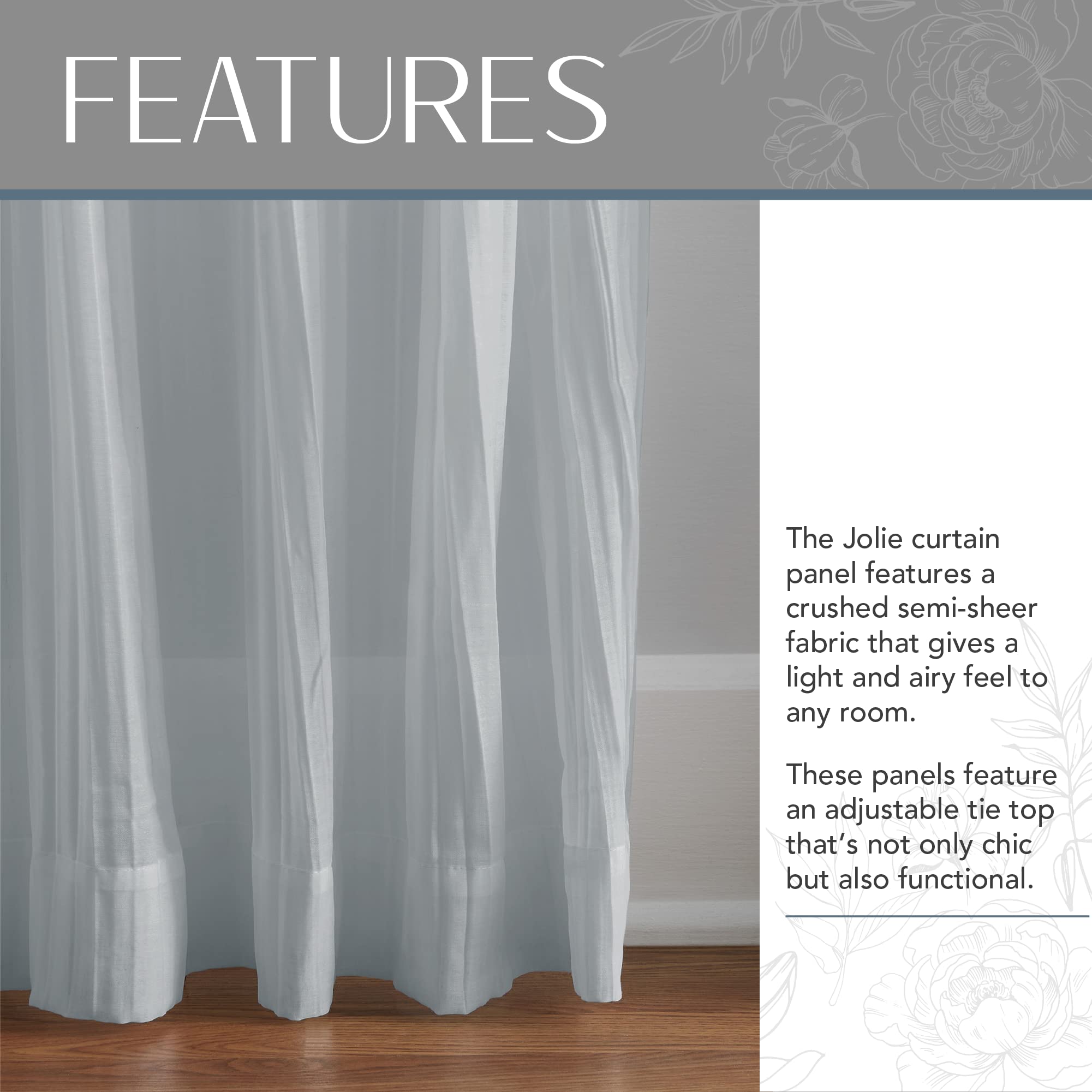 Elrene Home Fashions Jolie Crushed Semi-Sheer Window Curtain, Adjustable Tie-Top Single Panel, 52'' X 84'' (1 Panel), Soft Blue