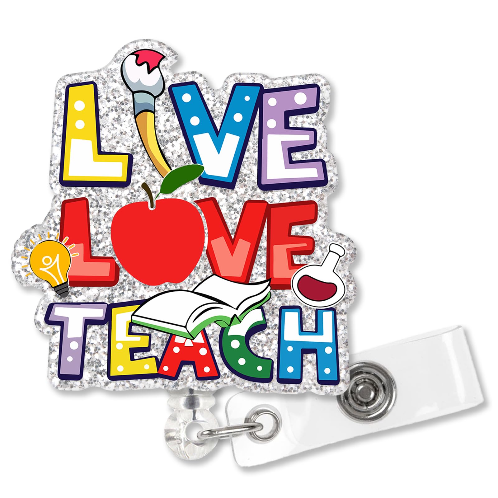 Xqlzy Teacher In Progress Cute Silver Glitter Badge Reel Retractable With Alligator Clips, Funny Book Apple Id Card Badge Holder