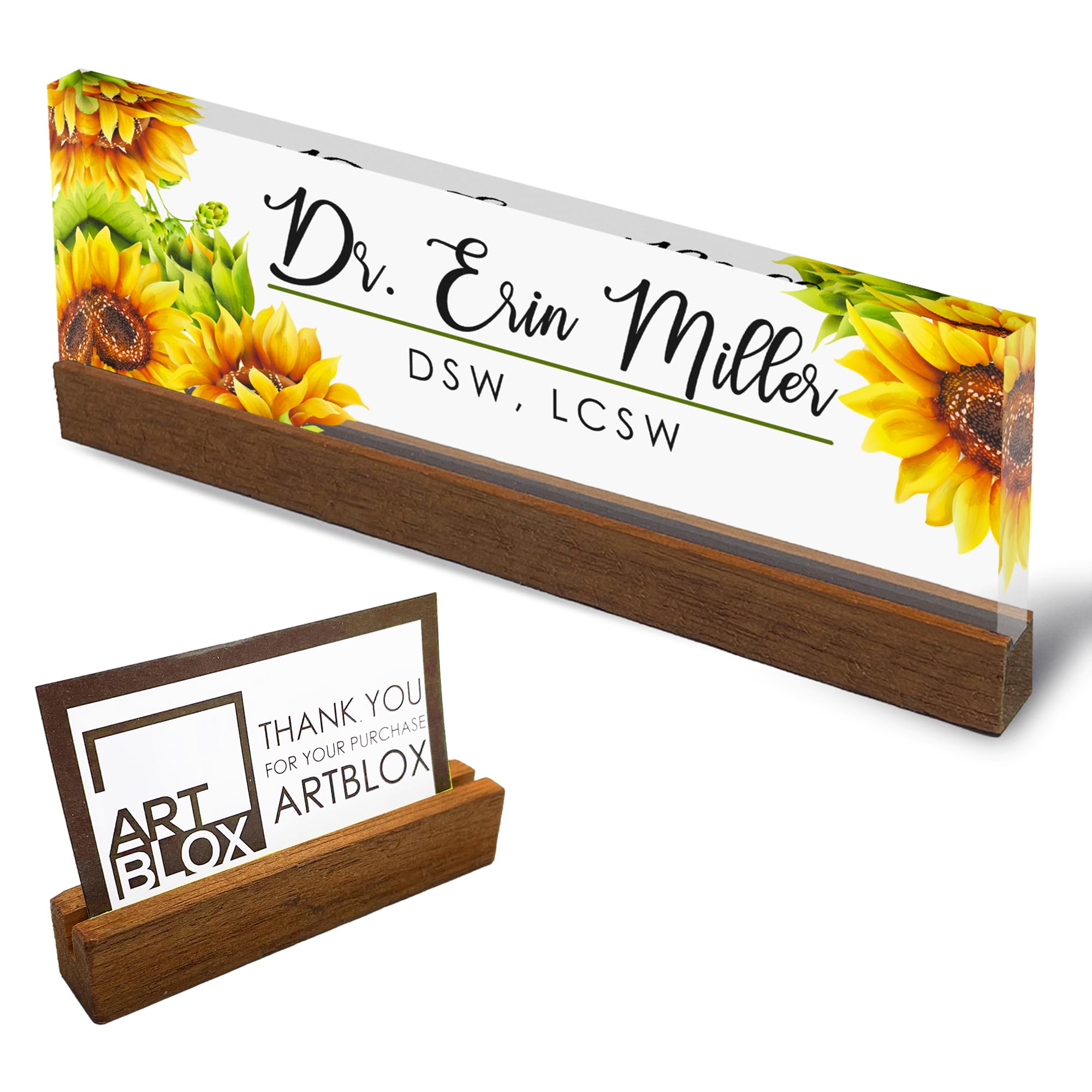 Artblox Personalized Office Desk Name Plate And Business Card Holder | Clear Acrylic Glass With Teak Wood Stand | Sunflowers Des