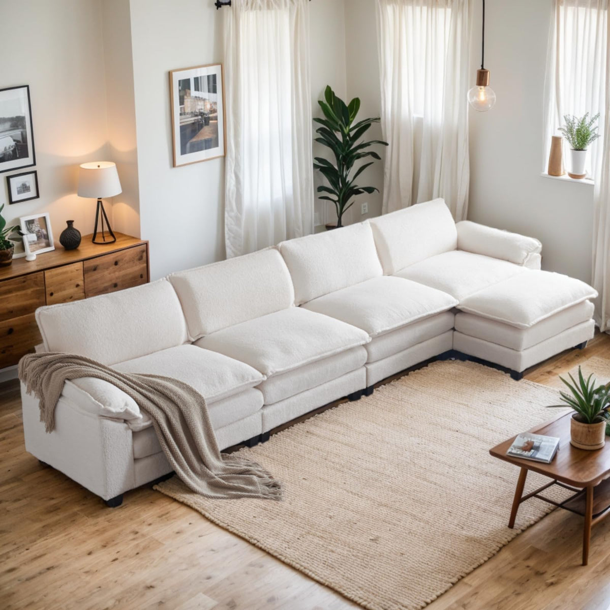 Karl home Sectional Sofa Modular Deep 4-Seat Sofa Couch with Ottoman, Teddy Fleece Sofa Sleeper Comfy Upholstered Furniture for 