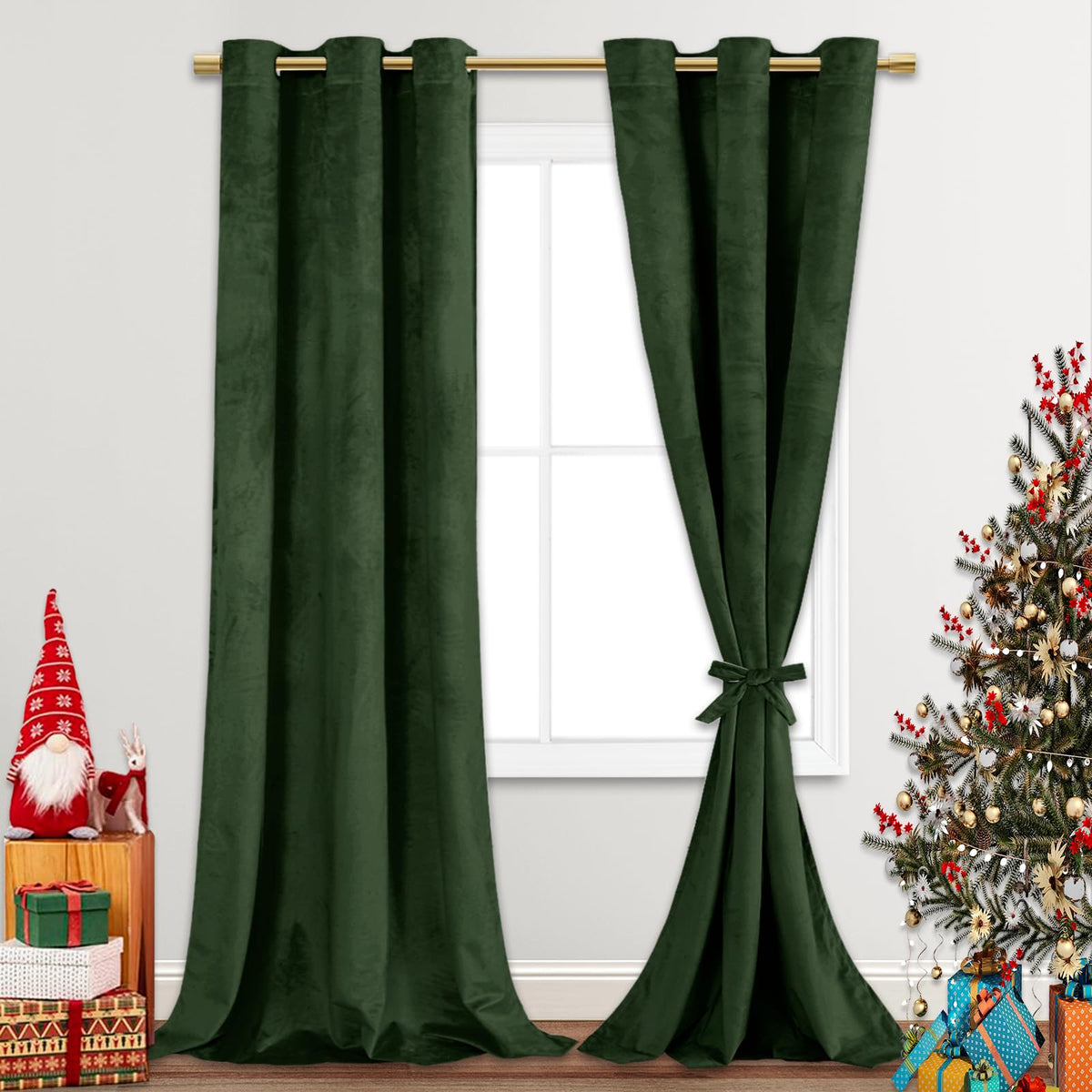 Jiuzhen Oliver Green Velvet Curtains 84 Inches For Living Room - Thermal Insualted Room Darkening Grommet Thick Velvet Window Dr