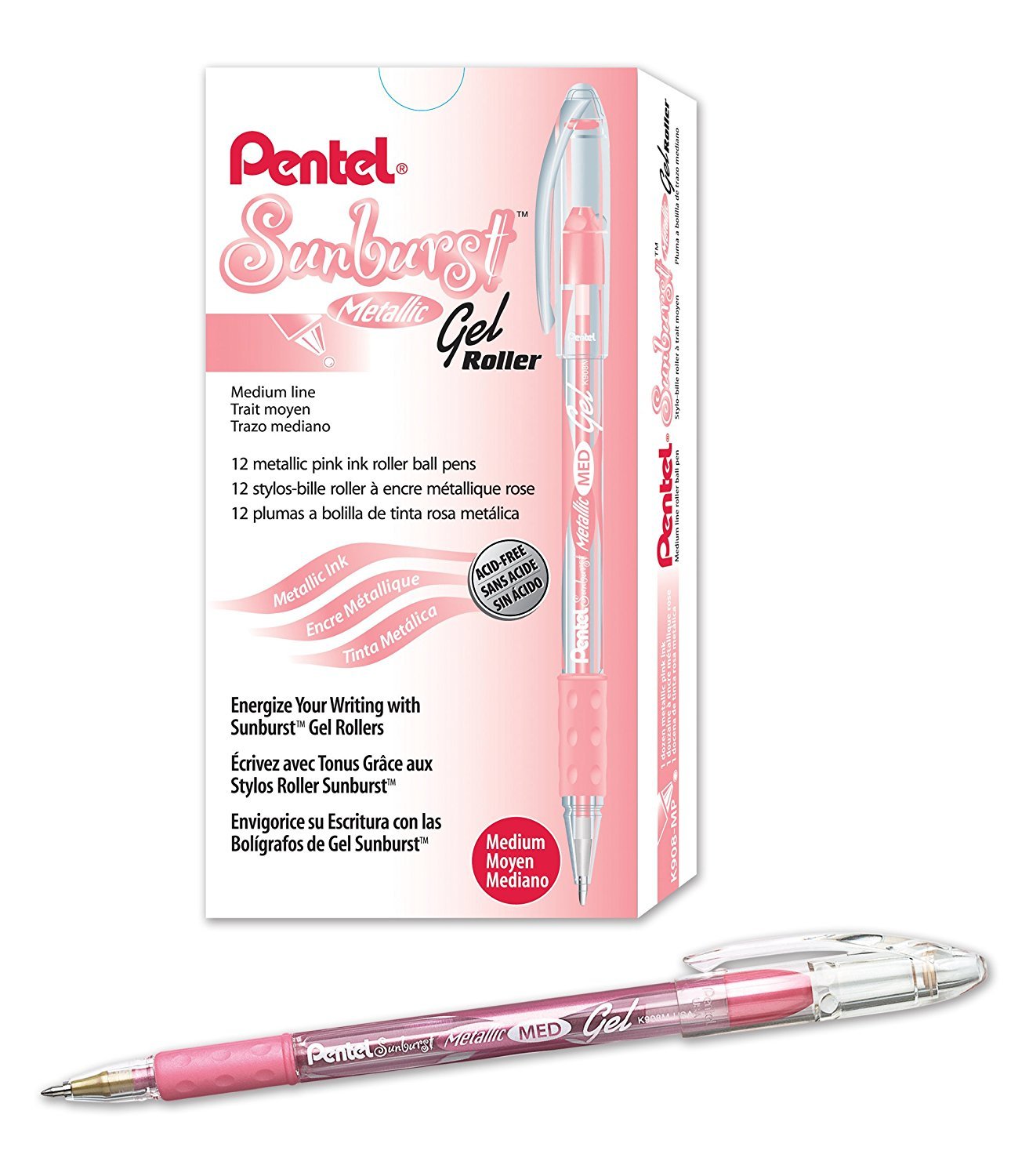 Pentel Sunburst Metallic Gel Pen, 0.8Mm Tip Writes 0.4Mm Line, Pink/Transparent Barrel Pink Ink, Box Of 12 (K908-Mp)