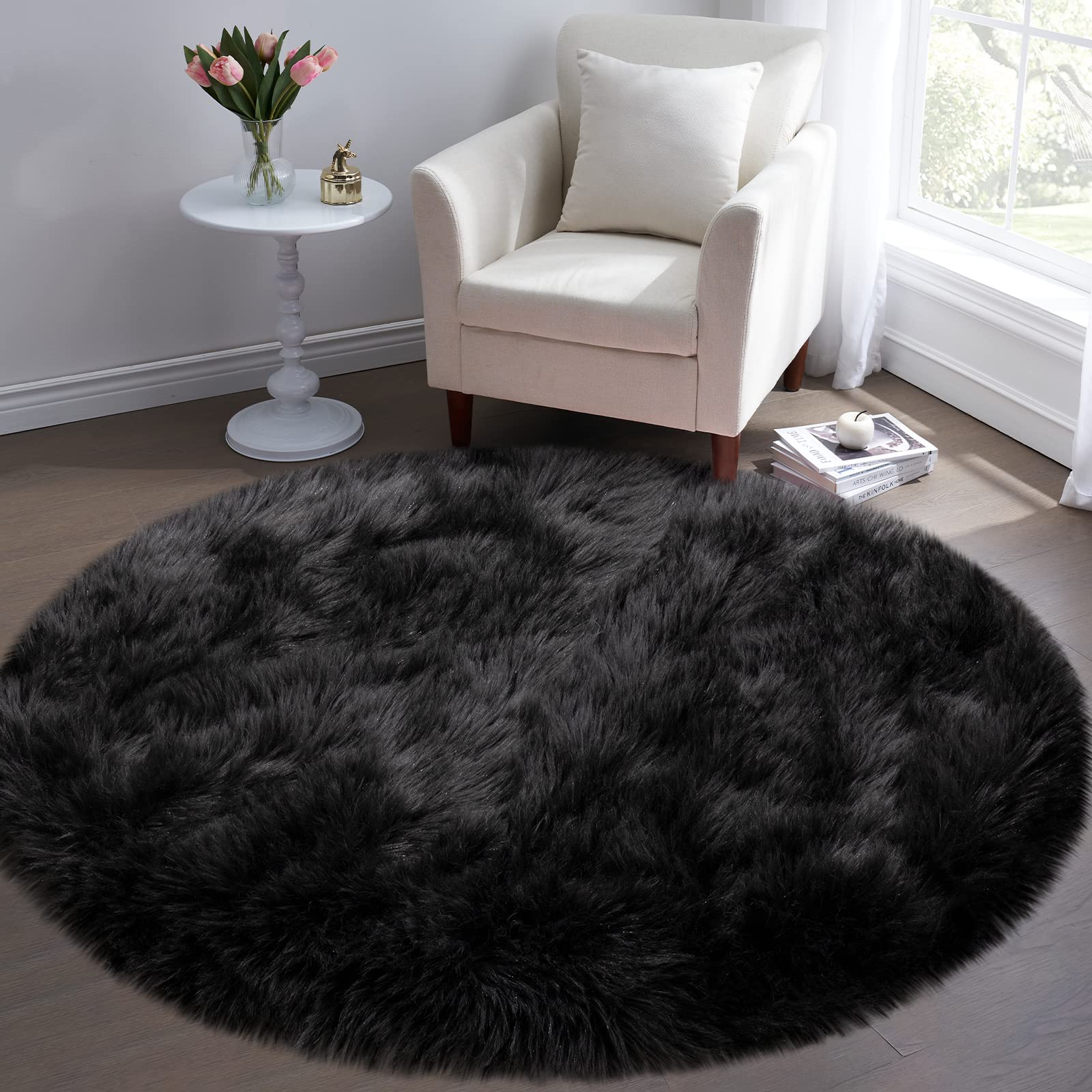 Faux Fur Rug For Bedroom, Black Fluffy Round Rug For Kids Room, Small Furry Circle Rugs 3X3, Soft Shag Circular Rug For Nursery,