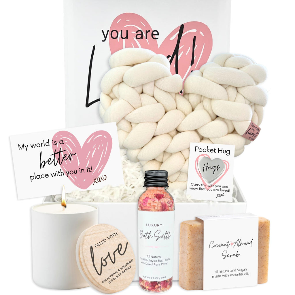 Boxzie You are Loved Gift Box Set for Women, Unique I Love You Gifts for Her, Sending Hugs Care Package - Basket with Pillow, Ca
