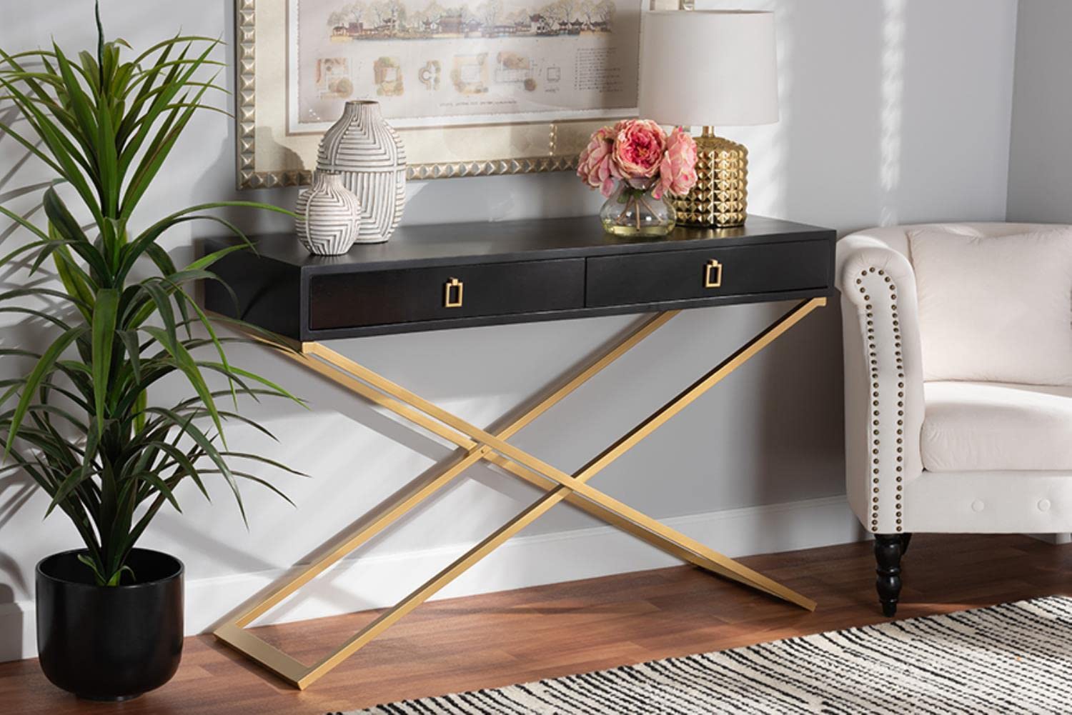 Baxton Studio Madan Modern and Contemporary Black Finished Wood and Gold Metal 2-Drawer Console Table