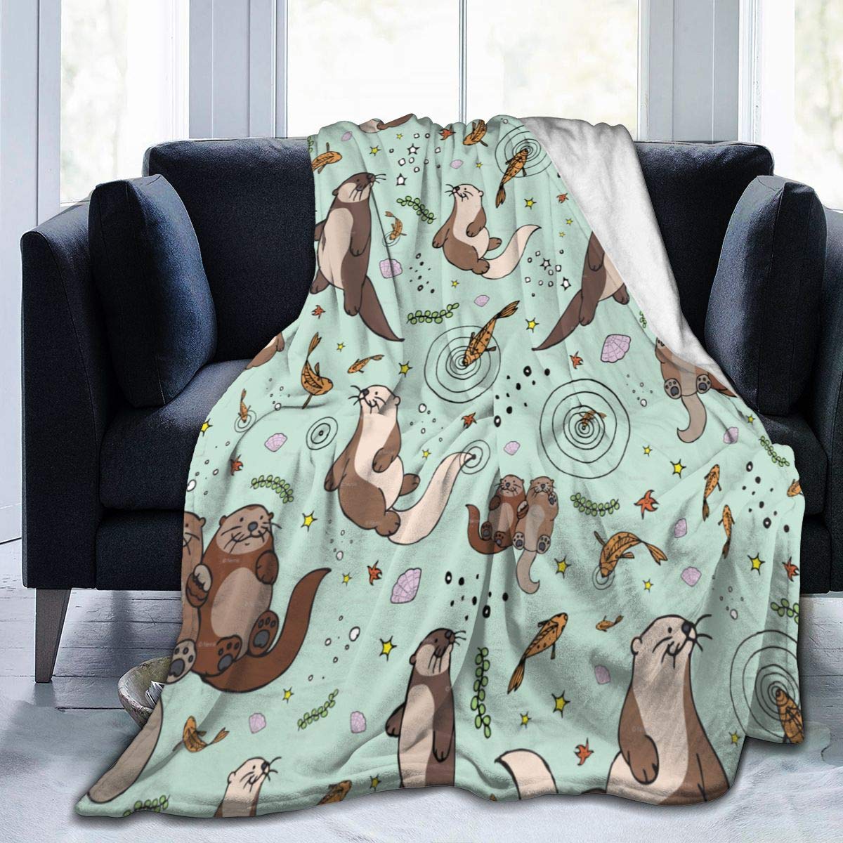 Carwayii Sea Otters Throw Blanket,Green Small Flannel Lap Blanket Gifts For Kids,Cozy Noon Break Blanket,No Shedding Fleece Sofa