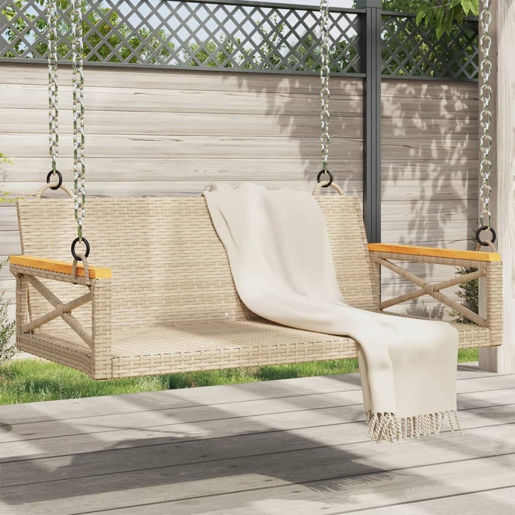 vidaXL Beige Poly Rattan Patio Swing Bench - Outdoor Garden Hanging Hammock Chair