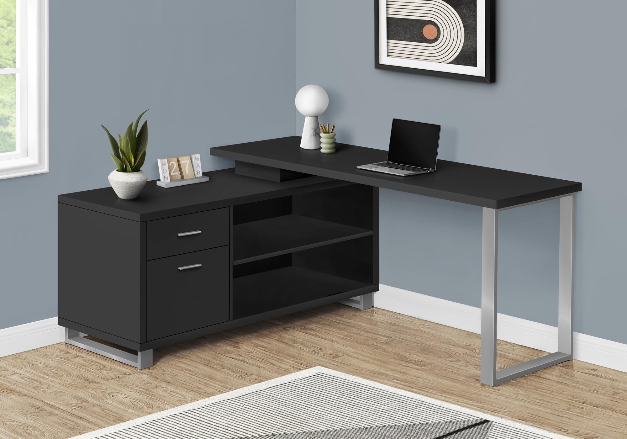 Monarch Specialties I 7717 Computer Desk, Home Office, Corner, Storage Drawers, 72&quot; L, L Shape, Work, Laptop, Metal, Laminate, Black, Grey, Contemporary, Modern