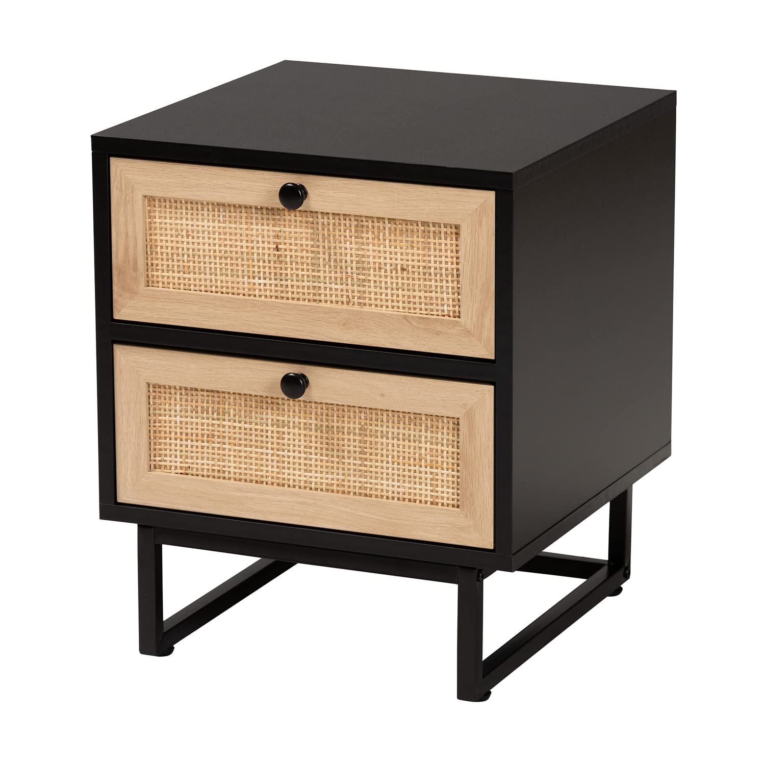 Baxton Studio Declan Mid-Century Modern Espresso Brown Finished Wood And Natural Rattan 2-Drawer End Table Wood/Espresso Brown/Black