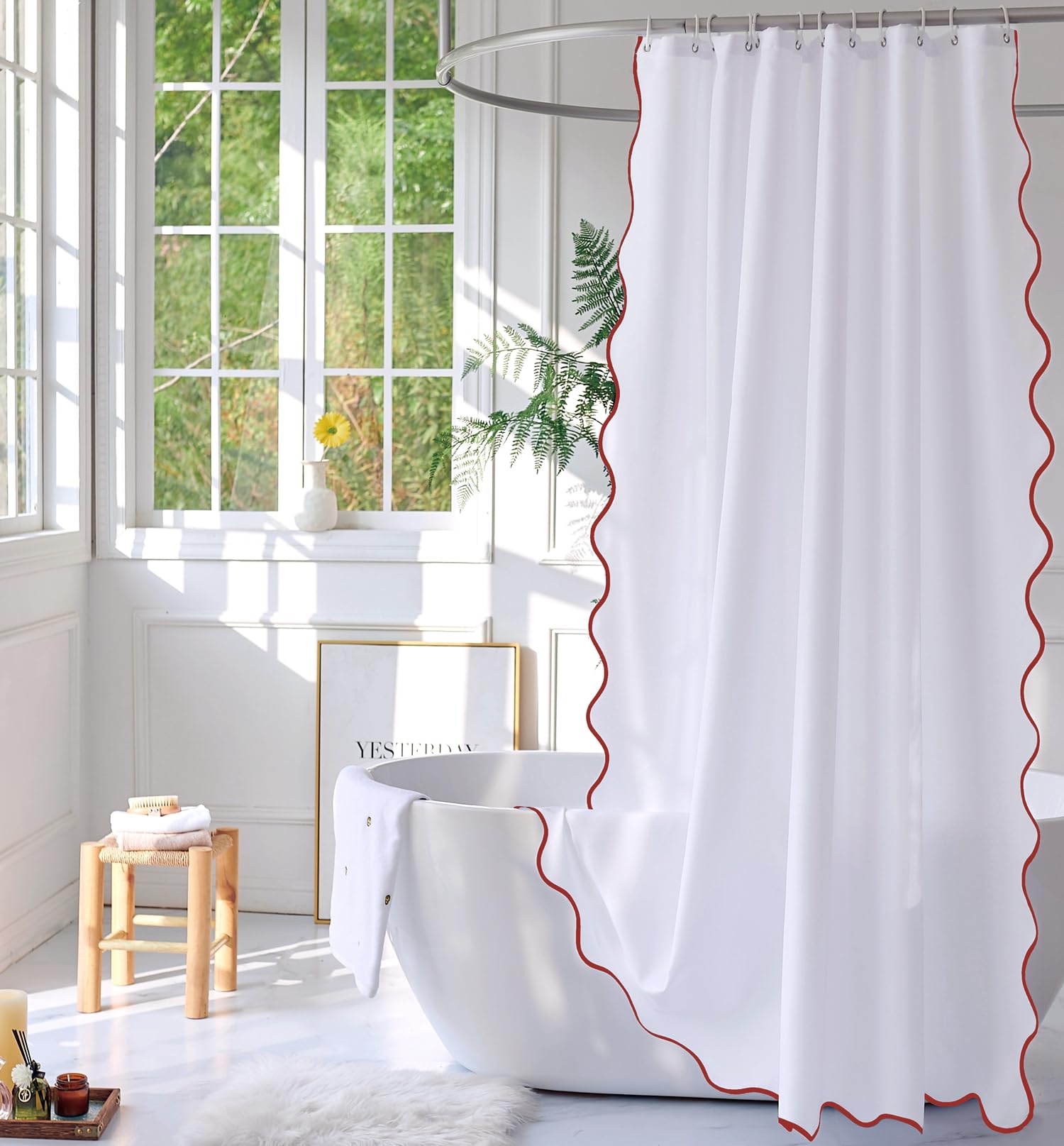 Youngseahome White Fabric With Rust Scalloped Border Shower Curtain,Boho Chic Cloth Shower Curtain For Bathroom Showers,72 X 84
