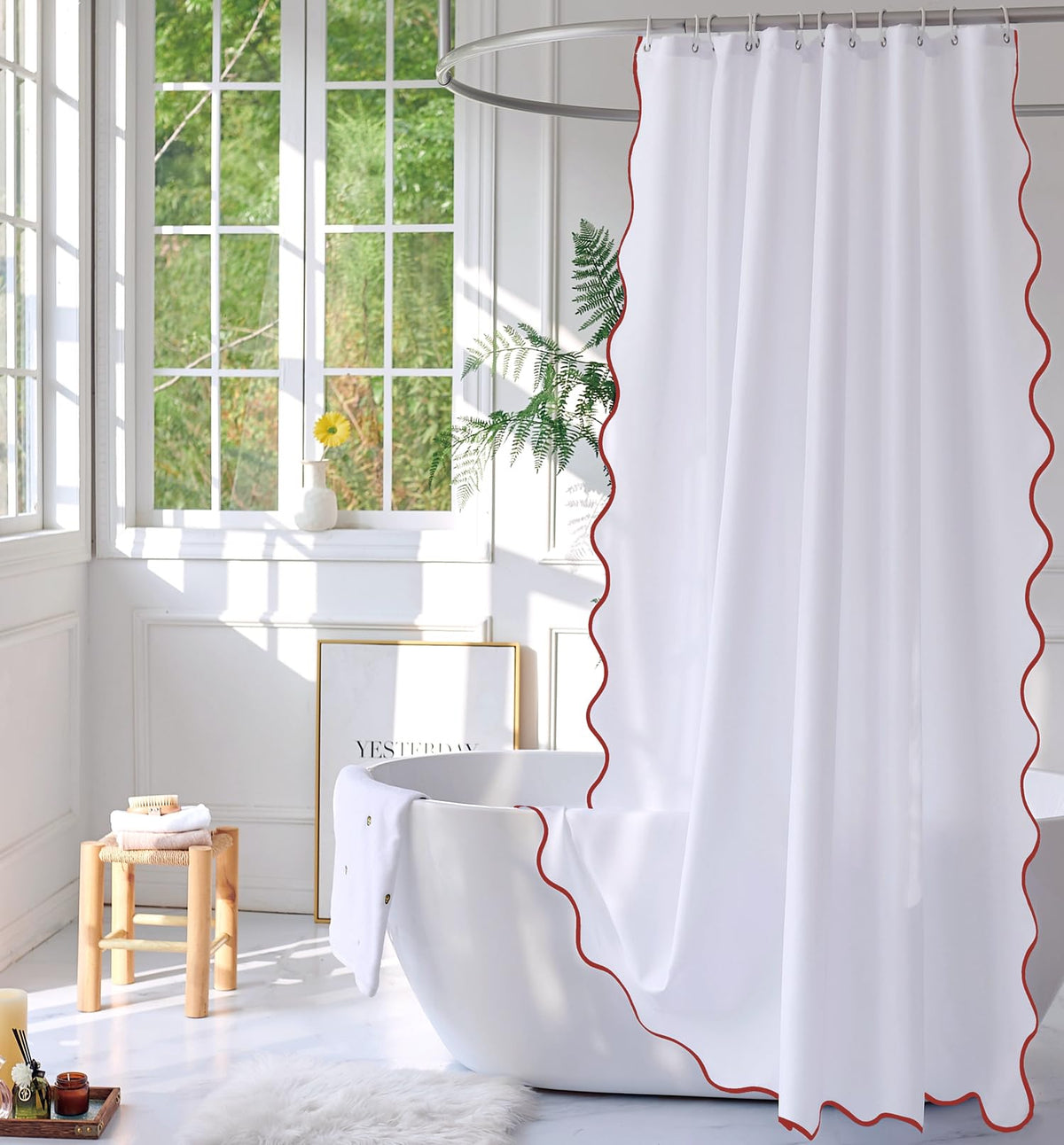 Youngseahome White Fabric With Rust Scalloped Border Shower Curtain,Boho Chic Cloth Shower Curtain For Bathroom Showers,72 X 96