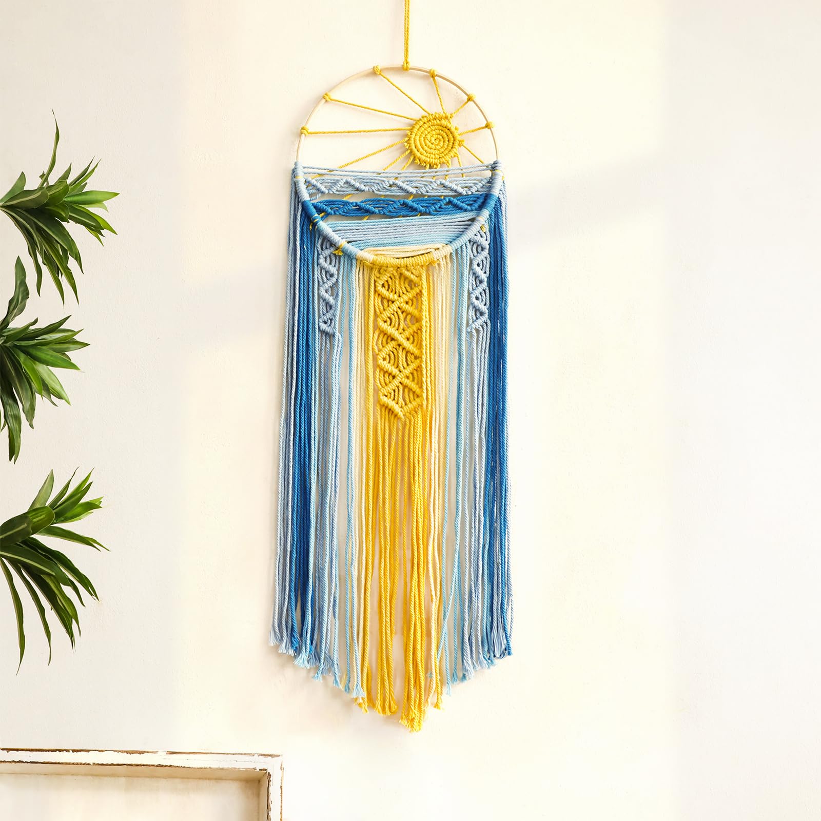 Mcrame Blue Sun Wall Decor- Boho Wall Hanging Tapestry Sunset Wall Art, Boho Woven Tapestries Big Dream Catcher Colorful Decor F
