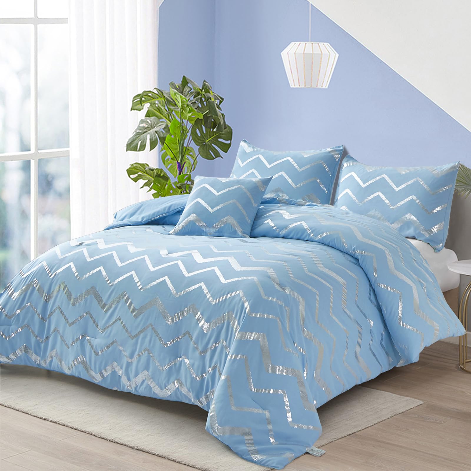 Menghomeus Blue/Silver Comforter Set Queen/Full Size Metallic Print Glitter Bedding Set Cute Shinny Bed Sets for Teen Girls Kids
