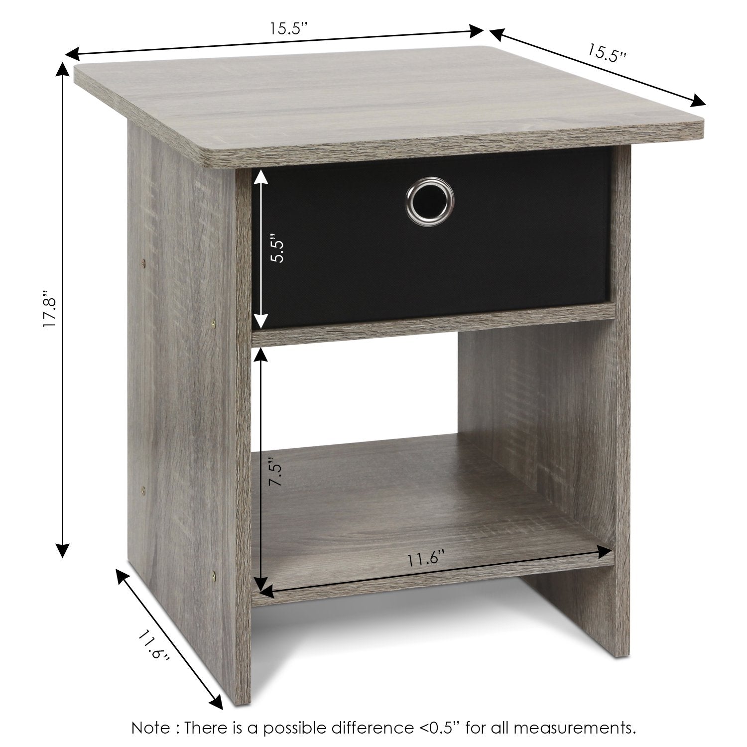 Furinno Dario End Table / Side Table / Night Stand / Bedside Table With Bin Drawer, 1-Pack, French Oak Grey/Black