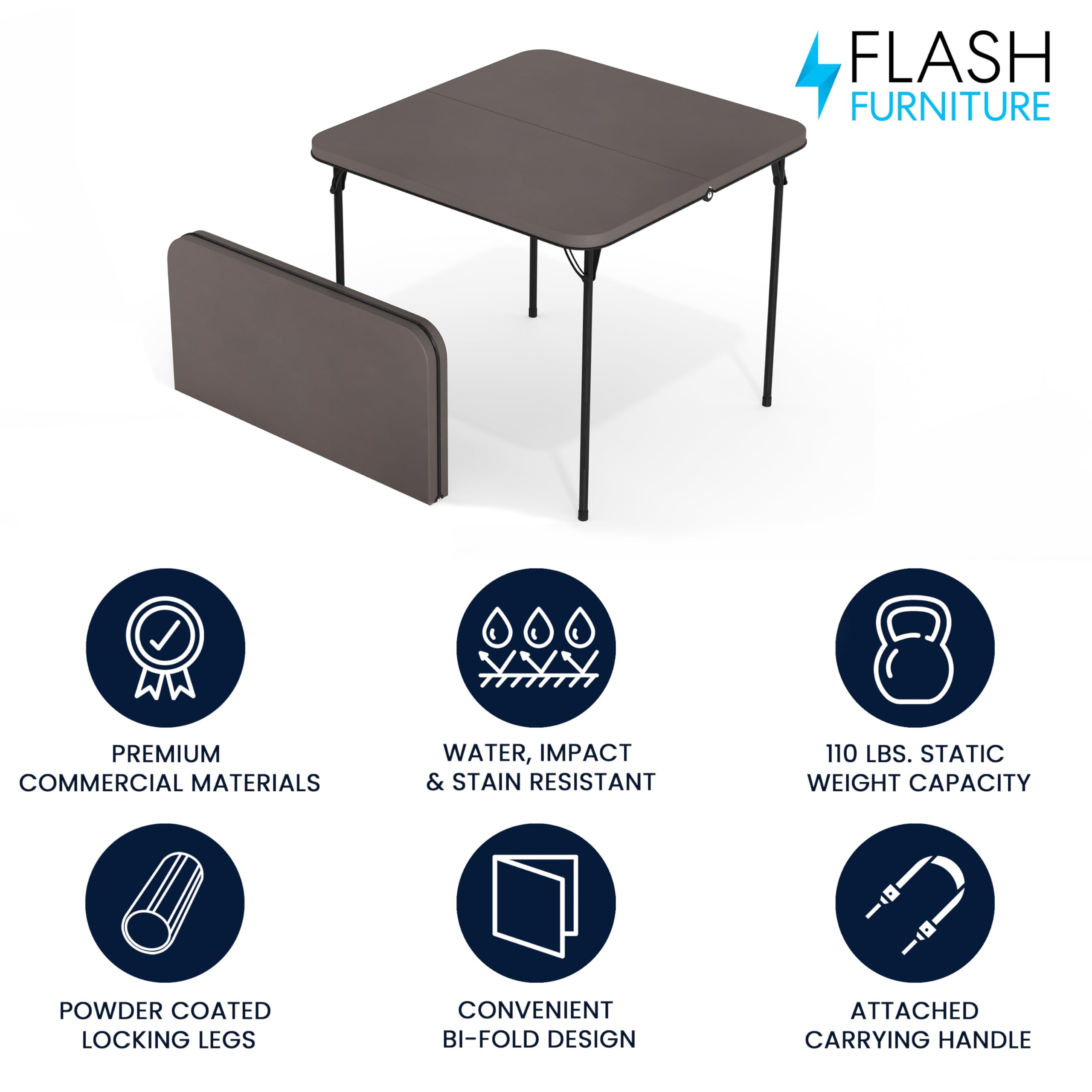 Flash Furniture Dunham 2.83' Square Plastic Folding Event Table With Carrying Handle, Bi-Fold Banquet Table For Indoor/Outdoor Events, Dark Gray
