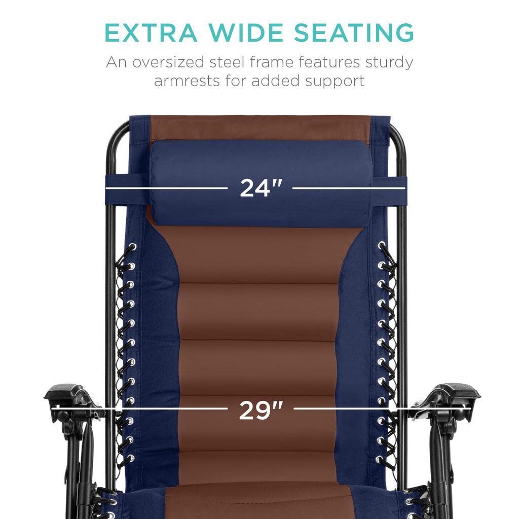 Best Choice Products Oversized Padded Zero Gravity Chair, Folding Outdoor Patio Recliner, Xl Anti Gravity Lounger For Backyard W/Headrest, Cup Holder, Side Tray, Polyester Mesh - Navy/Brown