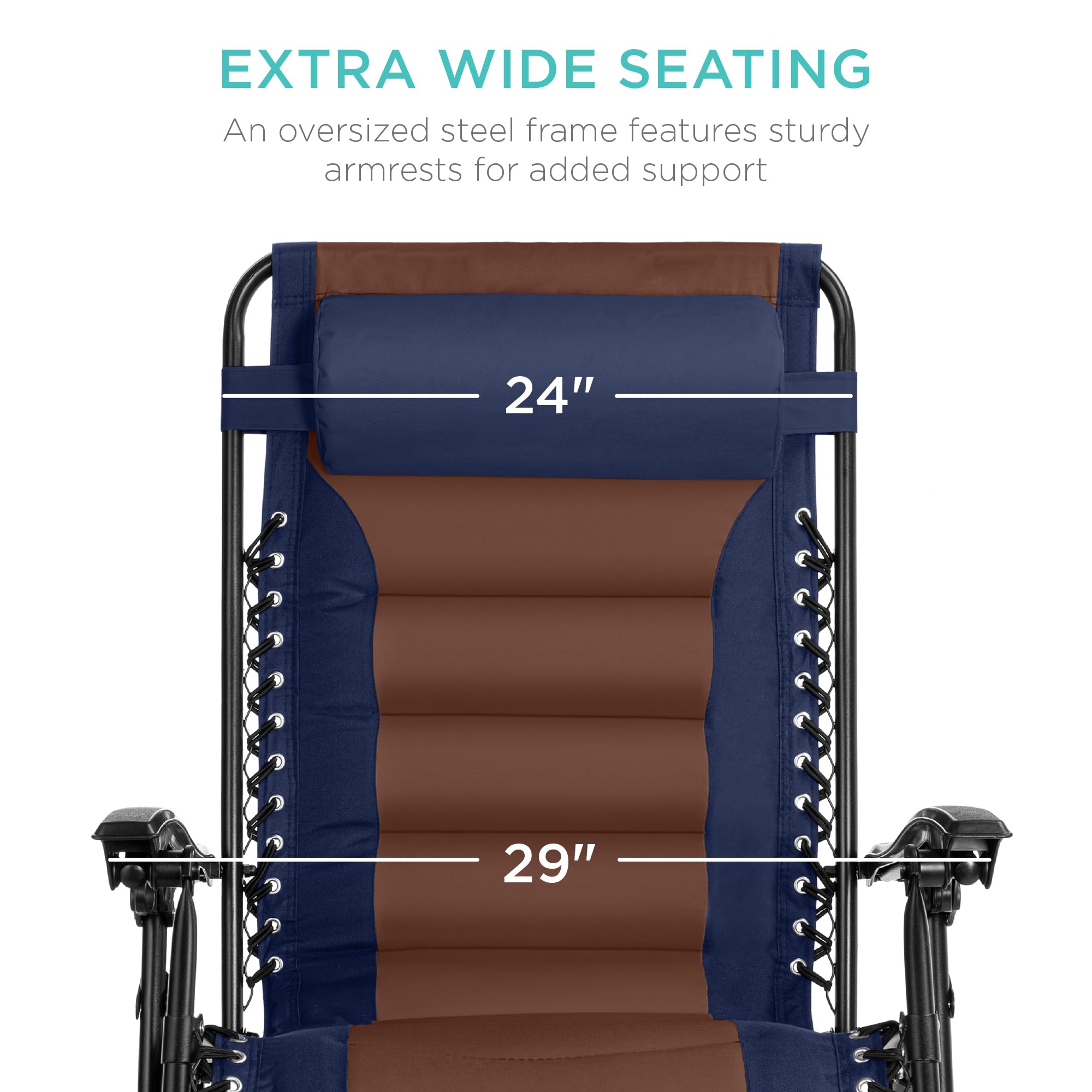 Best Choice Products Oversized Padded Zero Gravity Chair, Folding Outdoor Patio Recliner, Xl Anti Gravity Lounger For Backyard W/Headrest, Cup Holder, Side Tray, Polyester Mesh - Navy/Brown