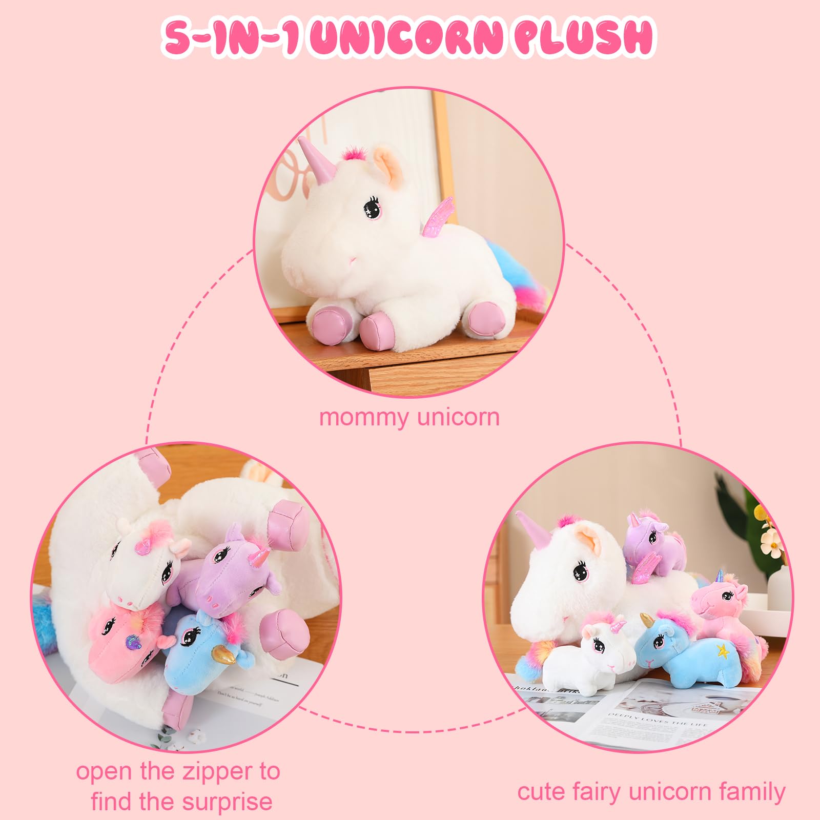 Sqeqe Cute Unicorn Stuffed Animals With 4 Babies In Her Tummy, Rainbow Flying Unicorn Plush Pillow Toy With Wings, Unicorn Gifts