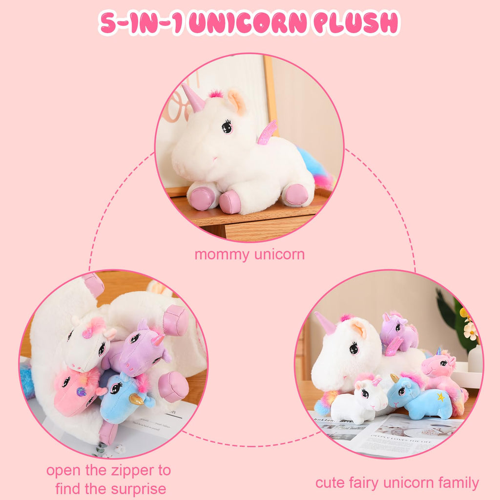 Sqeqe Cute Unicorn Stuffed Animals With 4 Babies In Her Tummy, Rainbow Flying Unicorn Plush Pillow Toy With Wings, Unicorn Gifts
