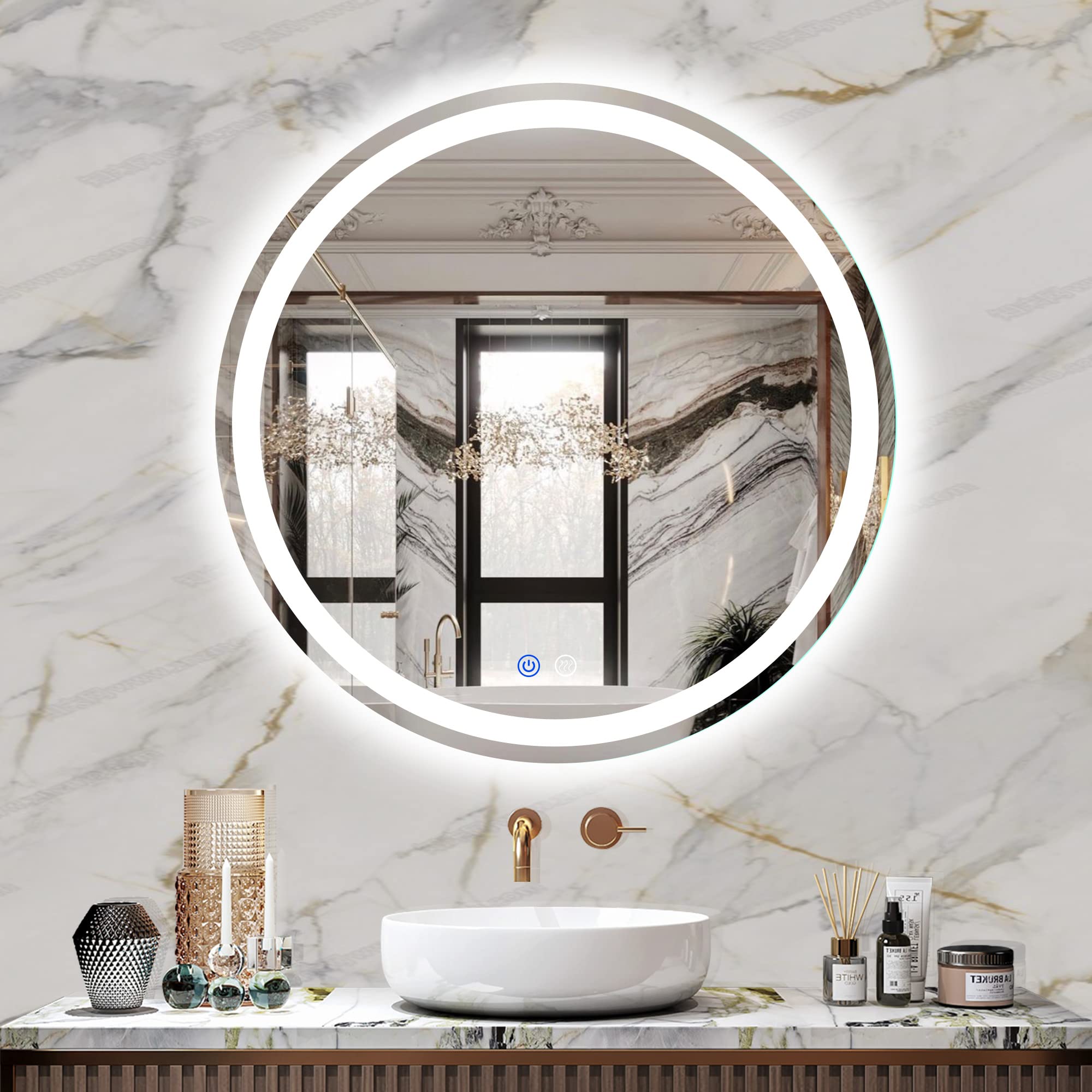 FITLAND 24 LED Bathroom Mirror Round Vanity Mirror, Anti-Fog, Dimmable, 3 Color Temperature, Memory Function Led Wall Mirror for