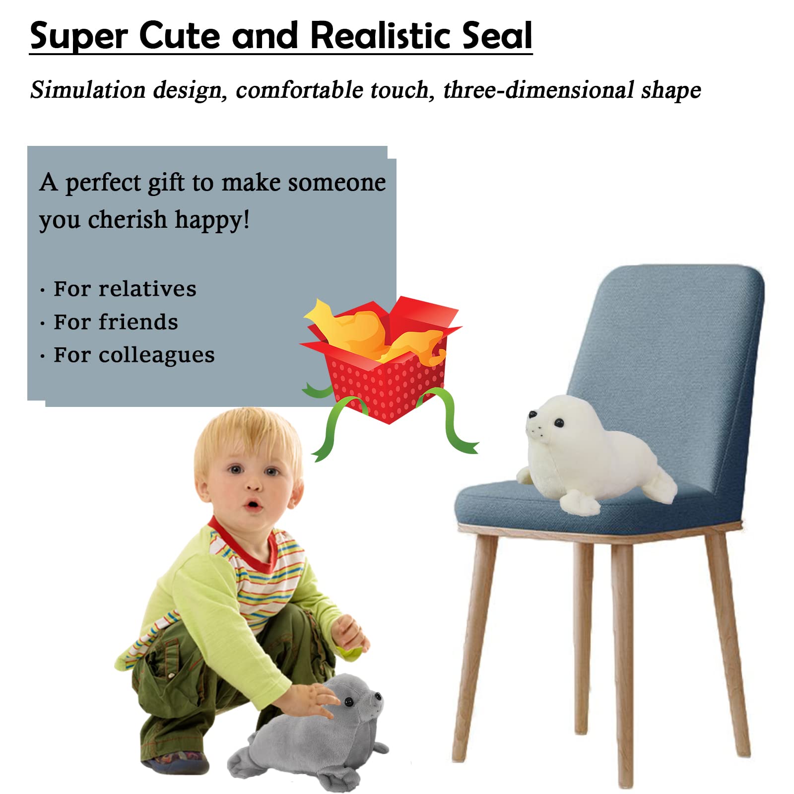 Seal Plush Stuffed Animal White Cute Toy Pillow Kawaii Doll For Kids, 9 Inch