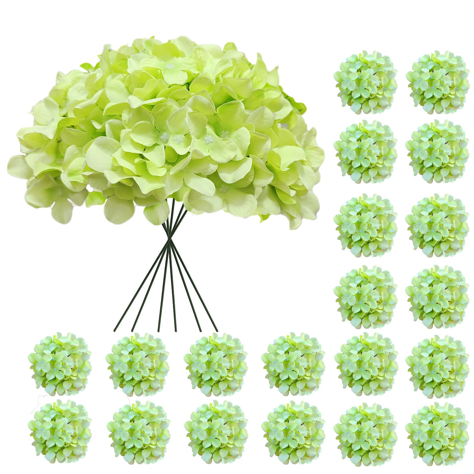 Cherica 20 Pcs Green Hydrangea Artificial Flowers Bulk, Faux Hydrangea Flowers Heads, Artificial Fake Silk Hydrangea Flowers wit