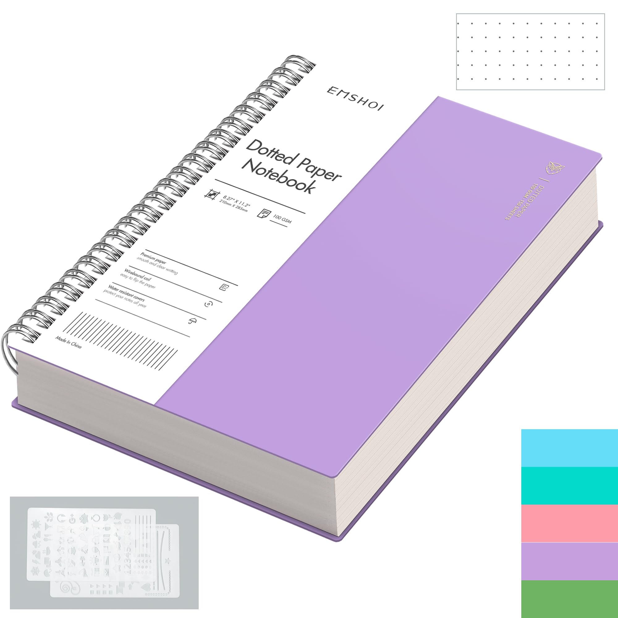 Emshoi A4 Spiral Notebook Bullet Dotted Journal, 11.2 ' X 8.27 ', 300 Pages/150 Sheets, 100Gsm Dot Grid Paper, Waterproof Soft