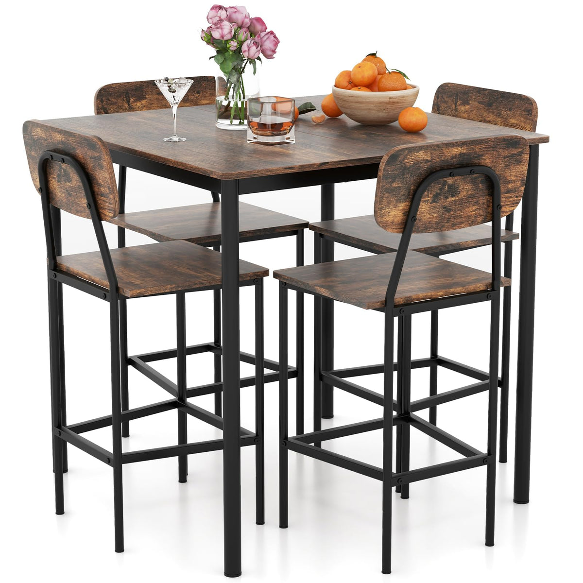 Giantex 5-Piece Dining Table Set W/Counter Height Table & 4 Bar Stools, Industrial Kitchen Dining Set W/Footrest & Backrest, Space-Saving Dinette Set For Pub, Dining Room, Restaurant (Mix Brown)