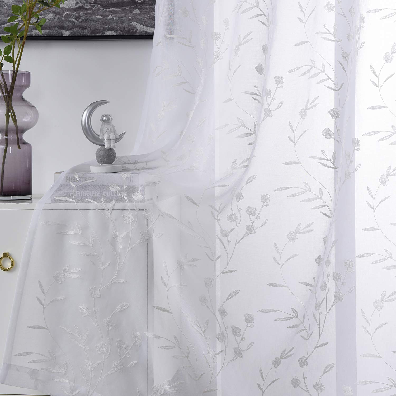 Sheer Curtains White 45 Inches Long Floral Embroidery Rod Pocket Voile Drapes For Living Room, Bedroom, Window Treatments Semi L