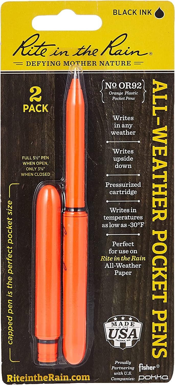 Rite In The Rain All-Weather Edc Pen, Orange Pokka 2-Pack, Black 0.9Mm Ink, Fine Point (No. Or92), 1 Count (Pack Of 2)