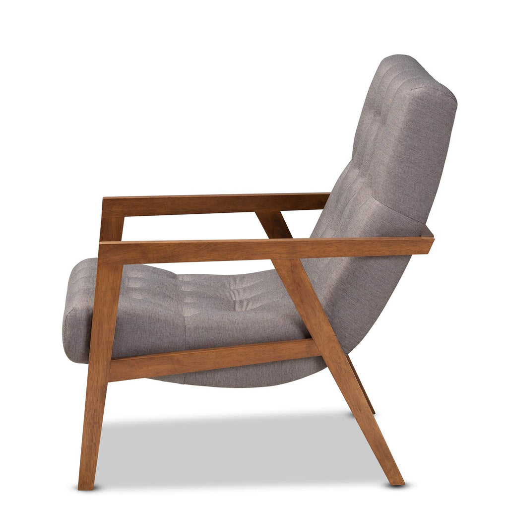 Baxton Studio Naeva Mid-Century Modern Grey Fabric Upholstered Walnut Finished Wood Armchair