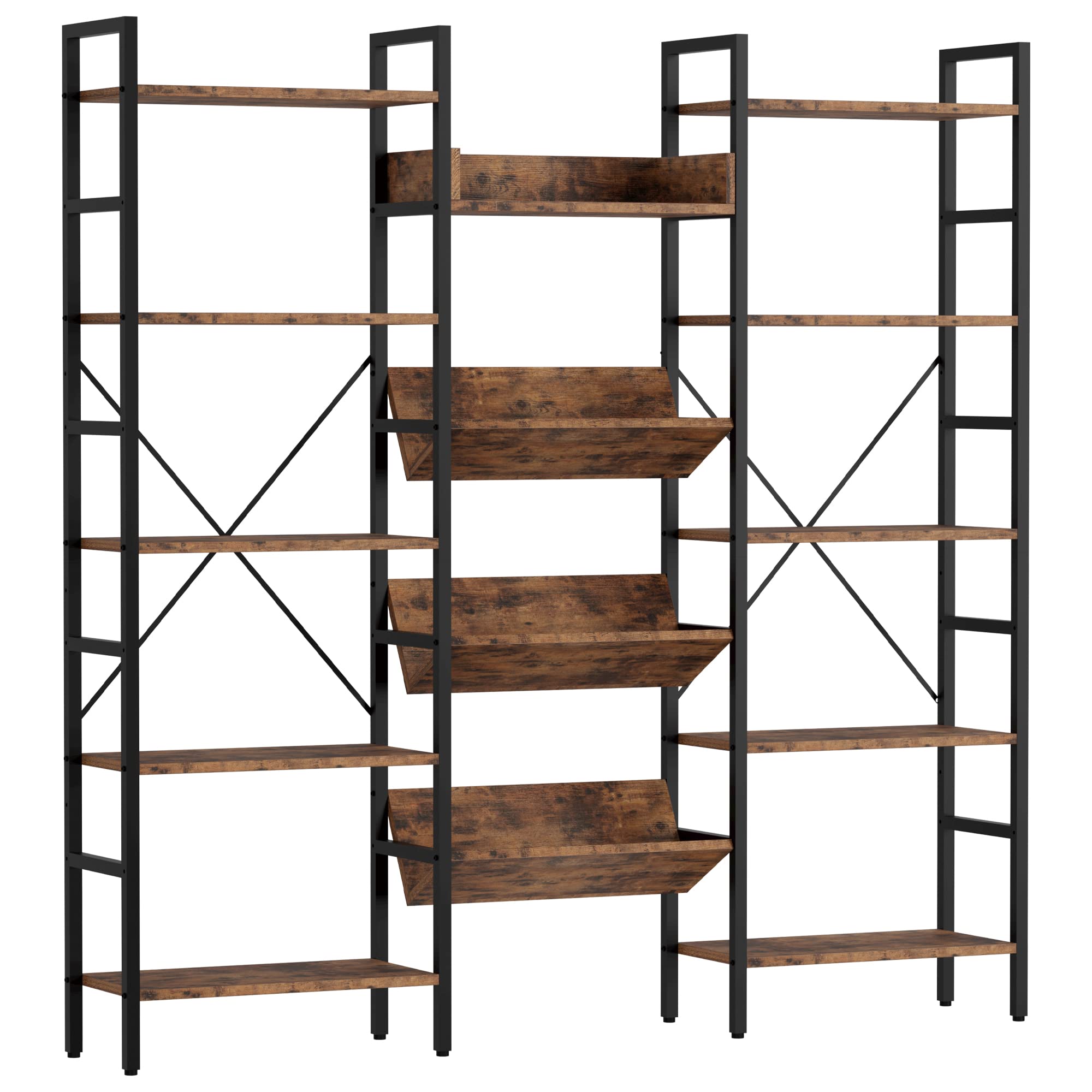 IRONCK Bookcases and Bookshelves Triple Wide 5 Tiers Industrial Bookshelf, Large Etagere Bookshelf Open Record Player Shelves wi