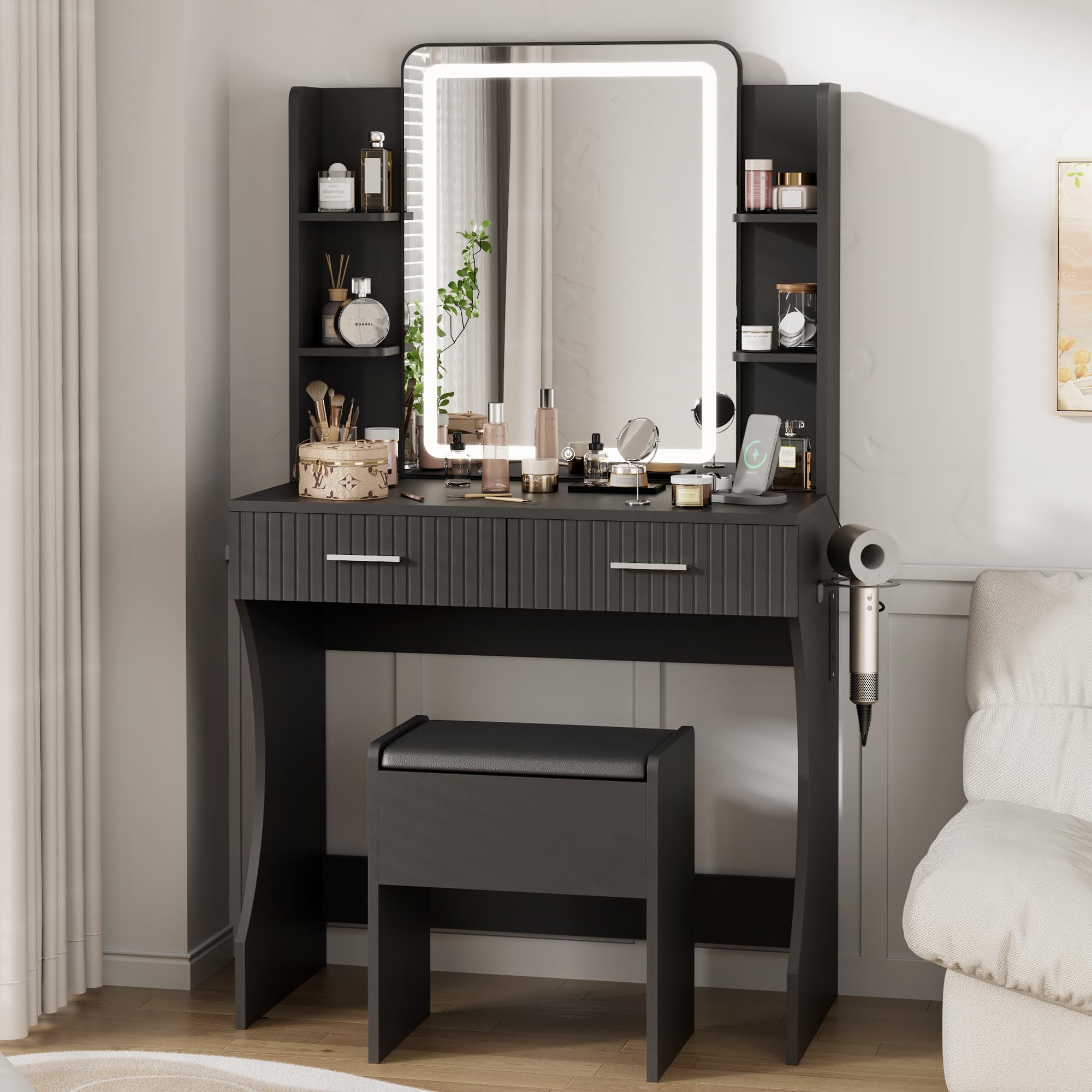 Otterease Vanity Desk with LED Lighted Mirror, Makeup Vanity with 3 Adjustable Lights, 2 Large Drawers and 4 Open Shelves, Black