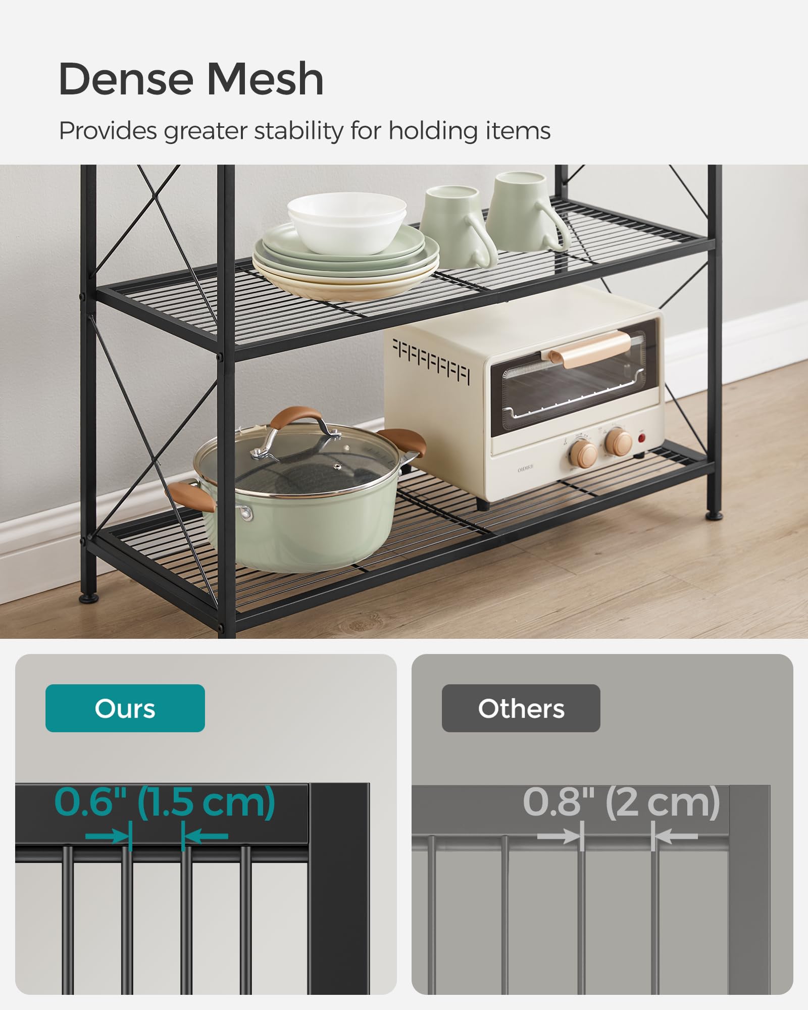 Songmics 4-Tier Metal Storage Rack, Shelving Unit With X Side Frames, Dense Mesh, 12.6 X 31.5 X 44.3 Inches, For Entryway, Kitchen, Living Room, Bathroom, Industrial Style, Ink Black Ubsc184B01