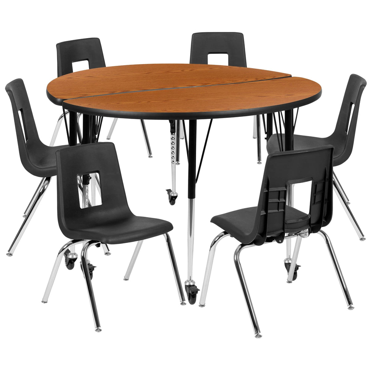 Flash Furniture Emmy Mobile 47.5&quot; Circle Wave Flexible Laminate Activity Table Set with 18&quot; Student Stack Chairs, Oak/Black