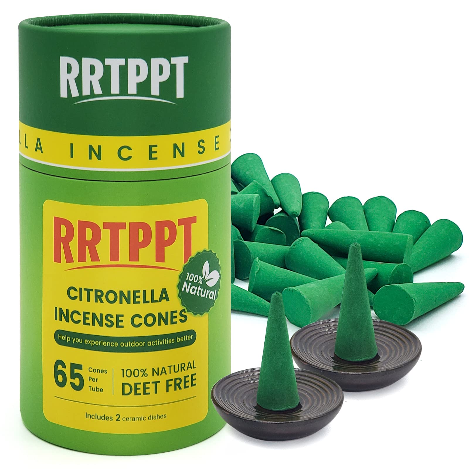 RRTPPT Citronella Incense Cones with 2 Ceramic Dishes | Made with Plant-Based Ingredients | Citronella Oil | Lemongrass Oil | Ro