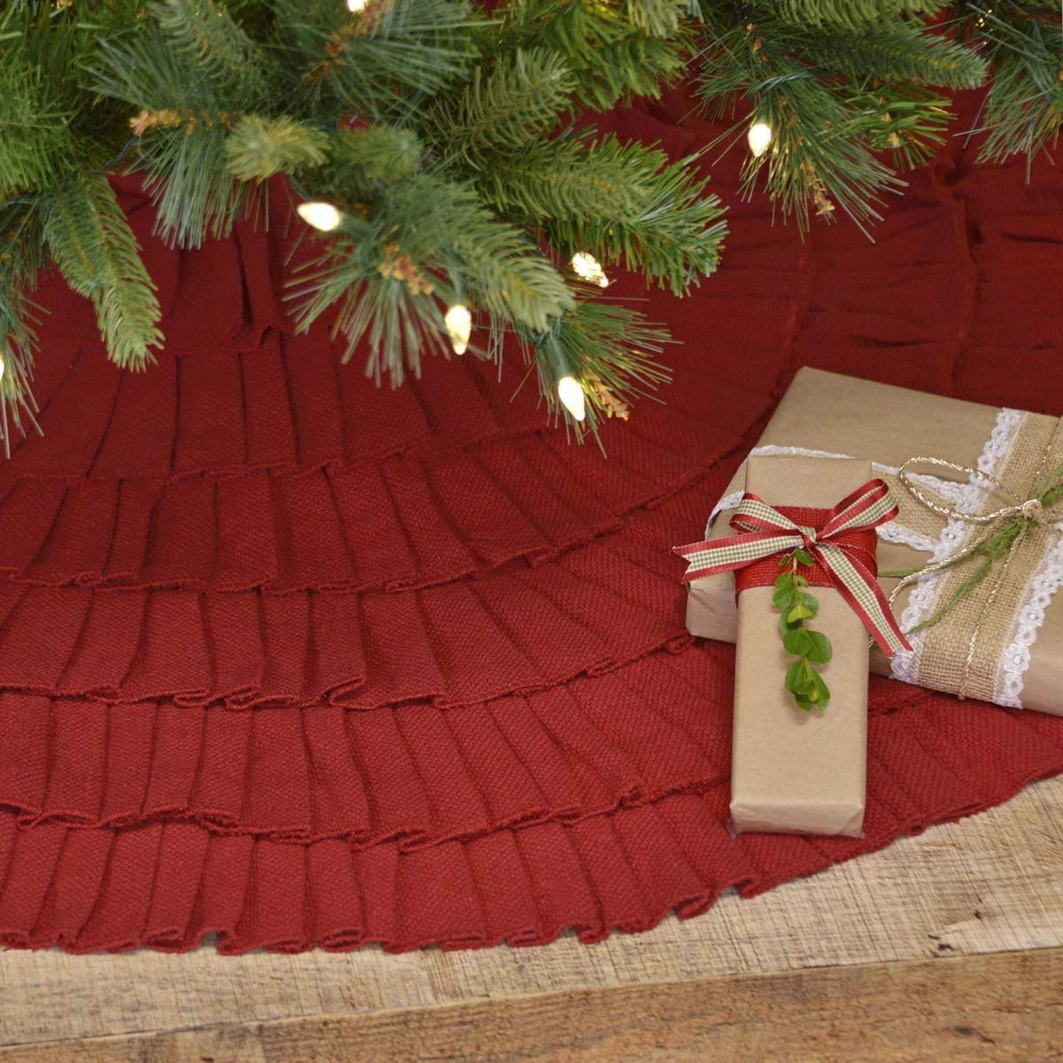 Red Burlap Ruffled Xmas Christmas Tree Skirt 48 Inches Holiday Decoration