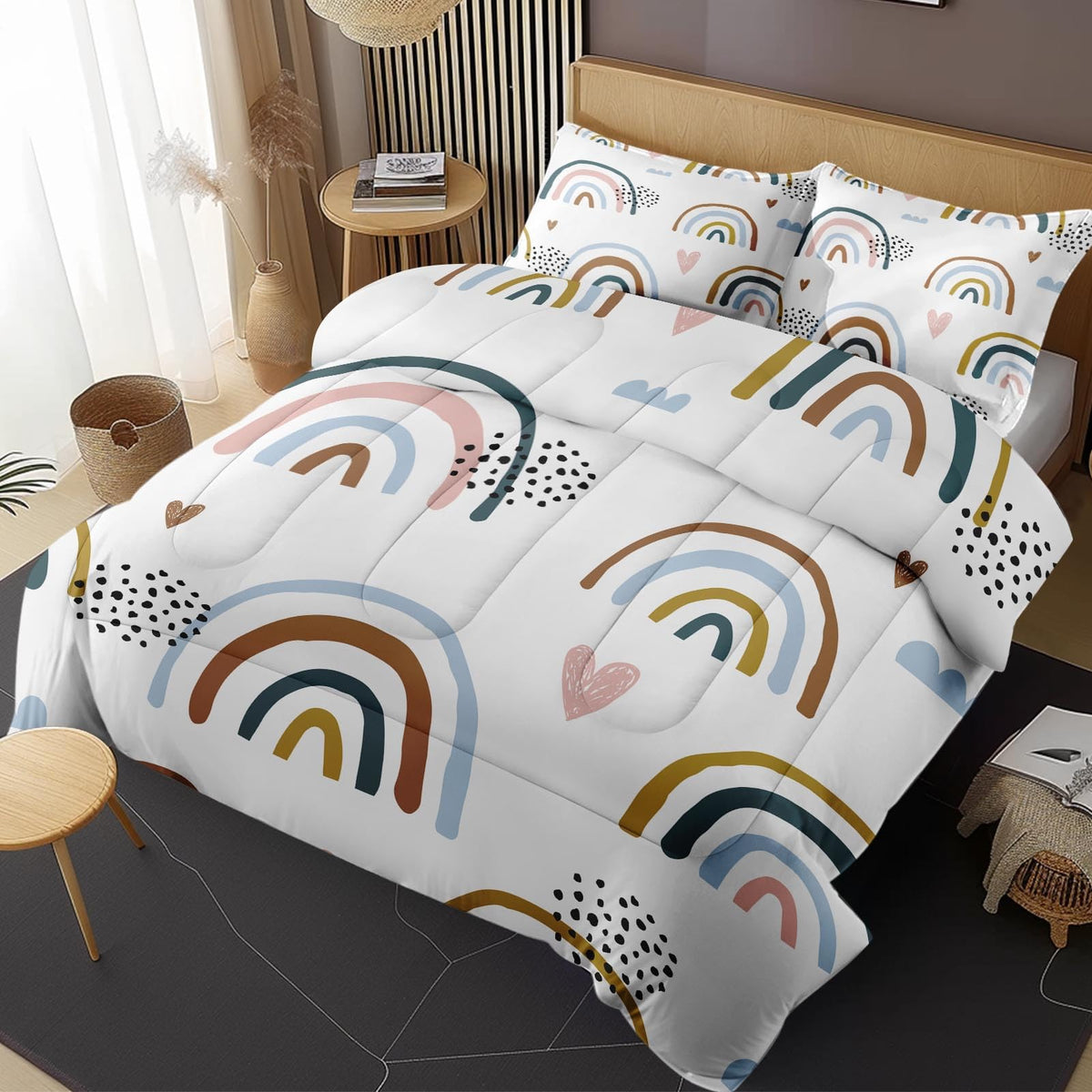 Nesphy Rainbow Queen Comforter Set, Cartoon Style Cloud Bedding Set 3 Piece, All Season Soft Toddlers Children Adults Bedroom Be