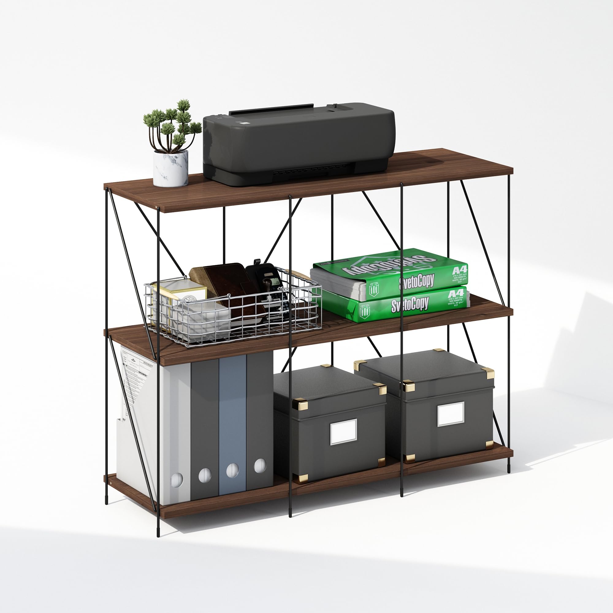 Furinno Wire 3-Tier Industrial Style Metal Frame Bookcase, Display Shelf, 35 Wide, Walnut Cove