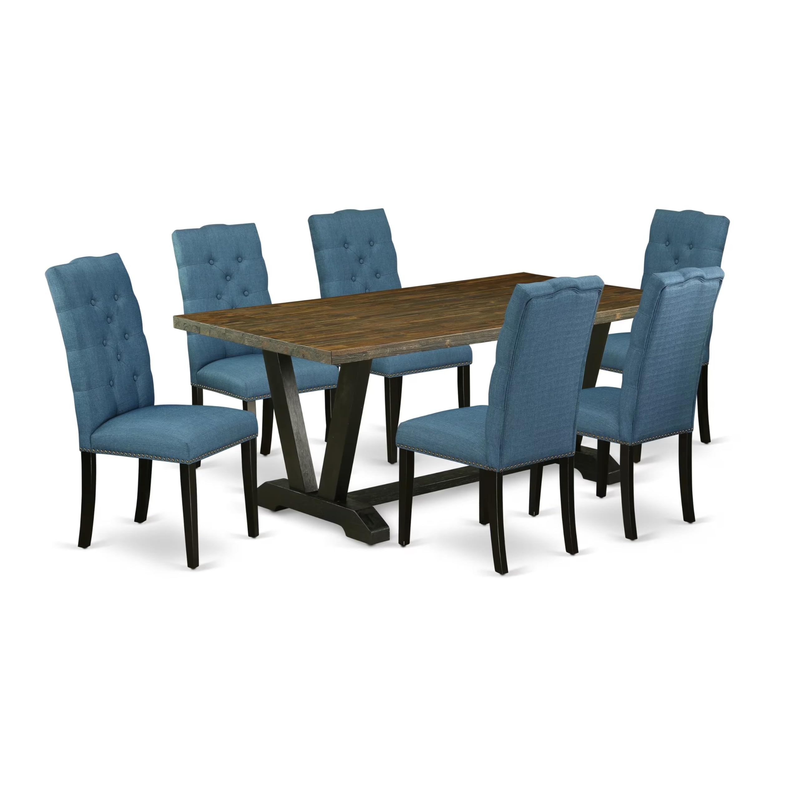 East West Furniture V677El121-7 7 Piece Modern Dining Table Set Consist Of A Rectangle Wooden Table With V-Legs And 6 Blue Linen Fabric Parson Dining Chairs, 40X72 Inch, Multi-Color