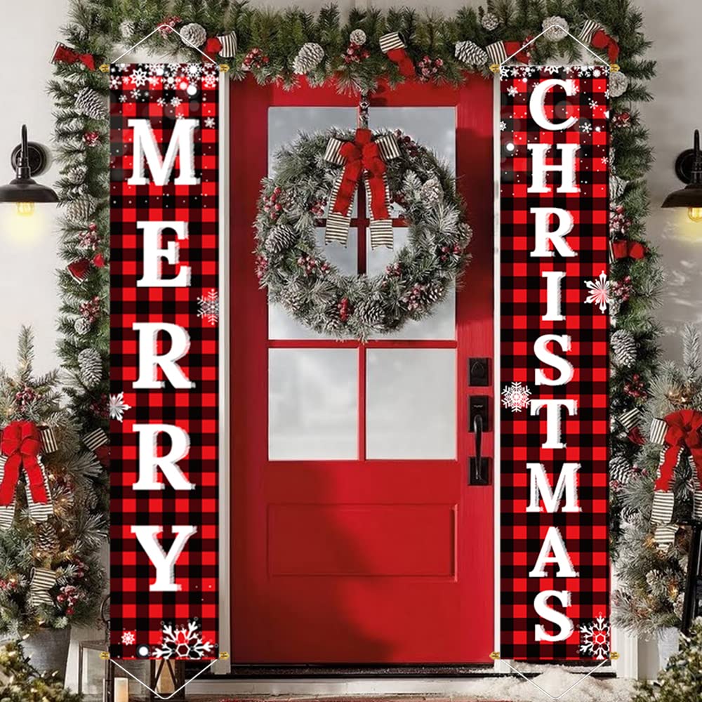 Ivenf Christmas Decorations Outdoor Yard Front Porch Sign Set, Red Black Buffalo Plaid Door Banner, Hanging Merry Christmas Deco
