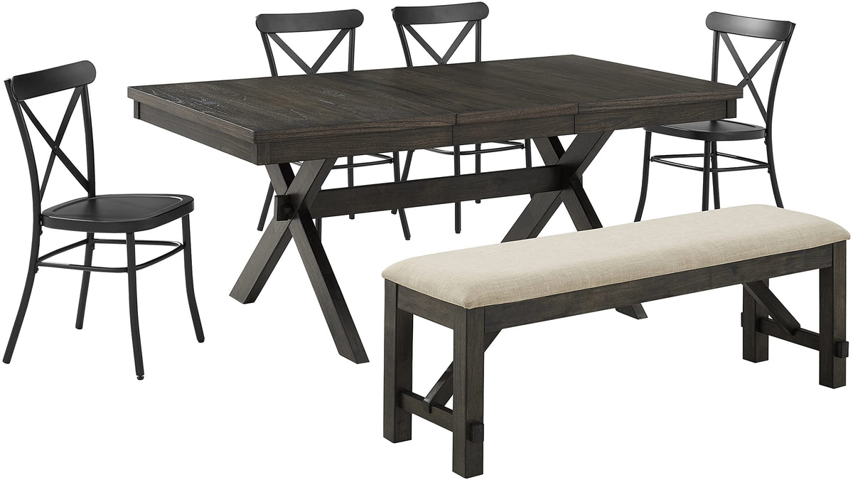 Crosley Furniture Hayden 6-Piece Modern Farmhouse Dining Table Set for 7 with 4 Metal Chairs and a Bench, Slate