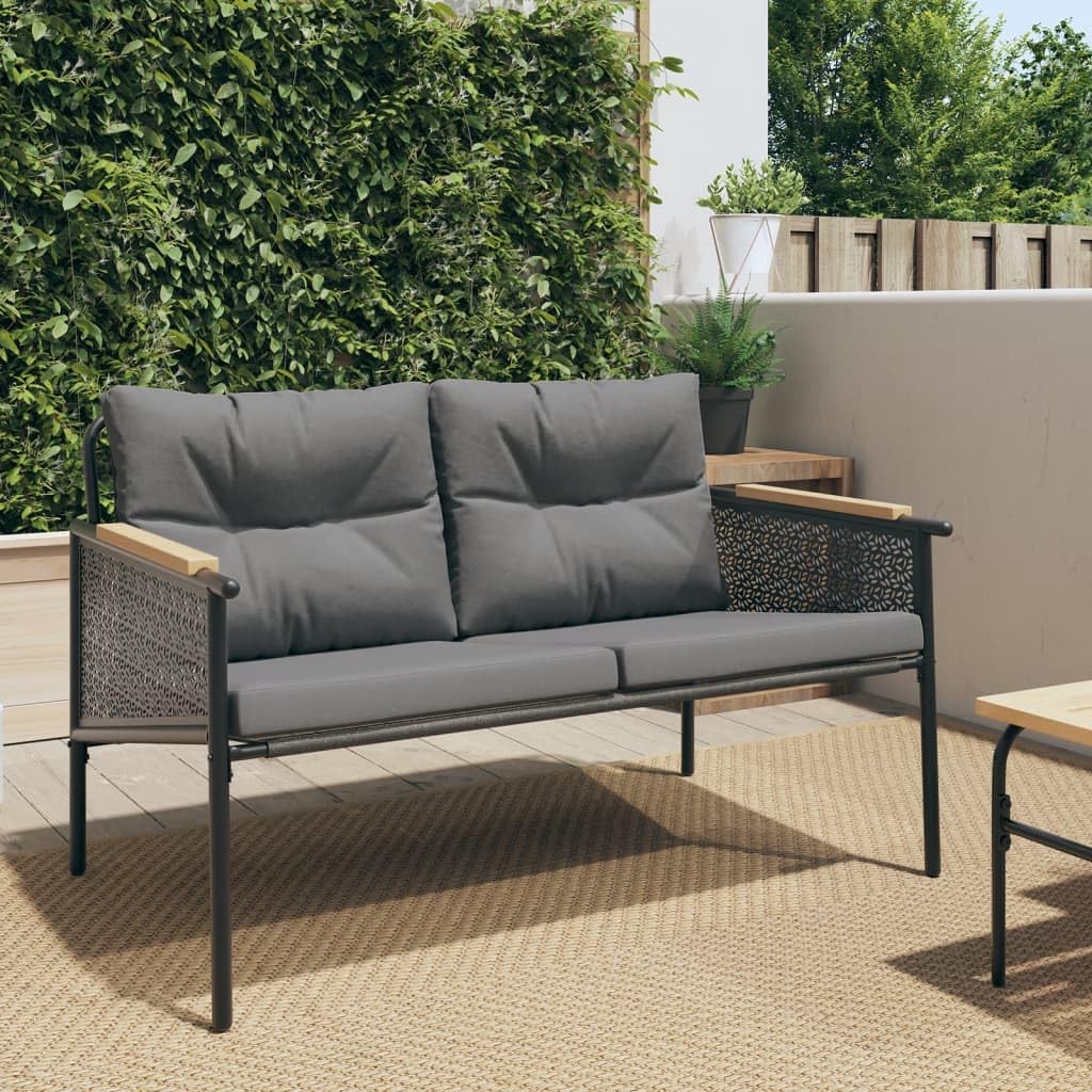 vidaXL Patio Bench with Cushions 45.7"- Black Steel/Teak Wood- Outdoor Garden Seating- Weather Resistant Fabric- UV Protection- Easy Assembly